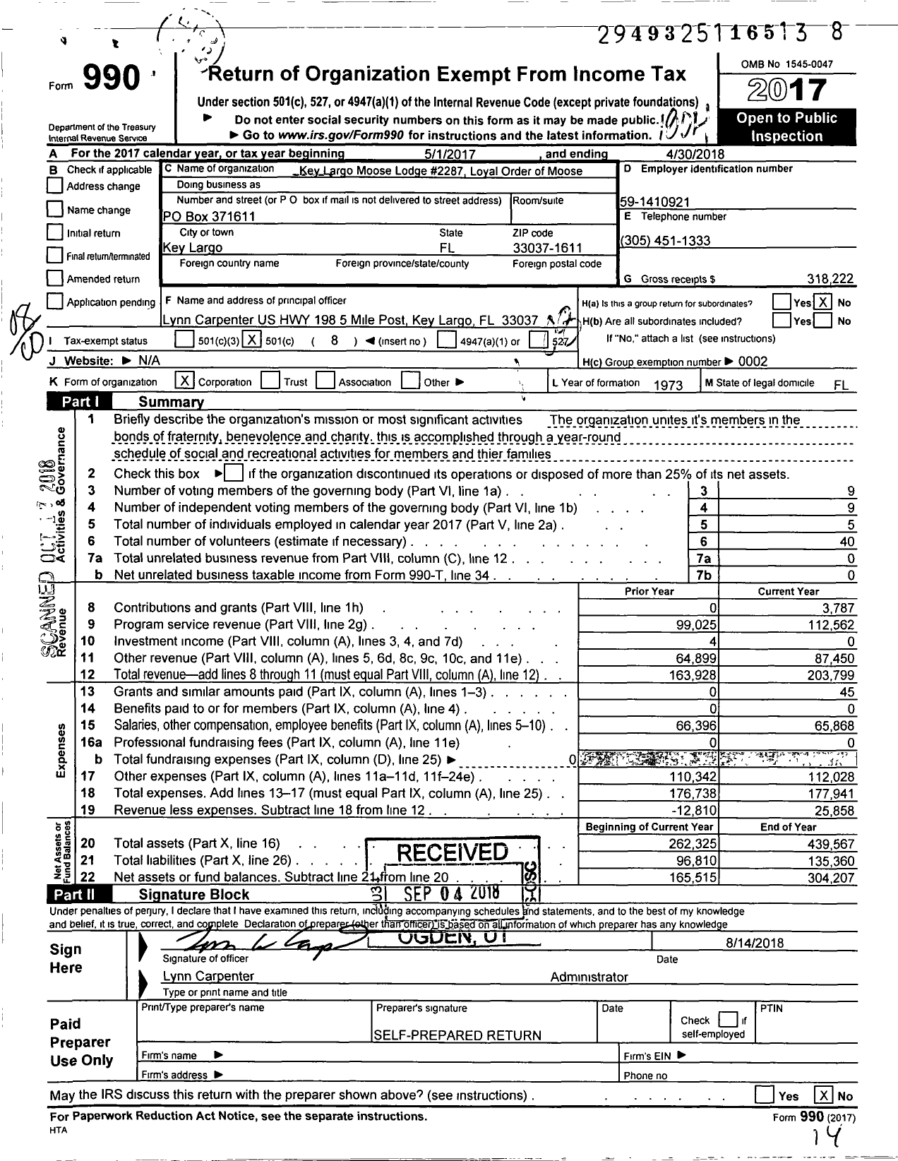 Image of first page of 2017 Form 990O for Loyal Order of Moose - Key Largo Lodge No 2287 Loyal Orde