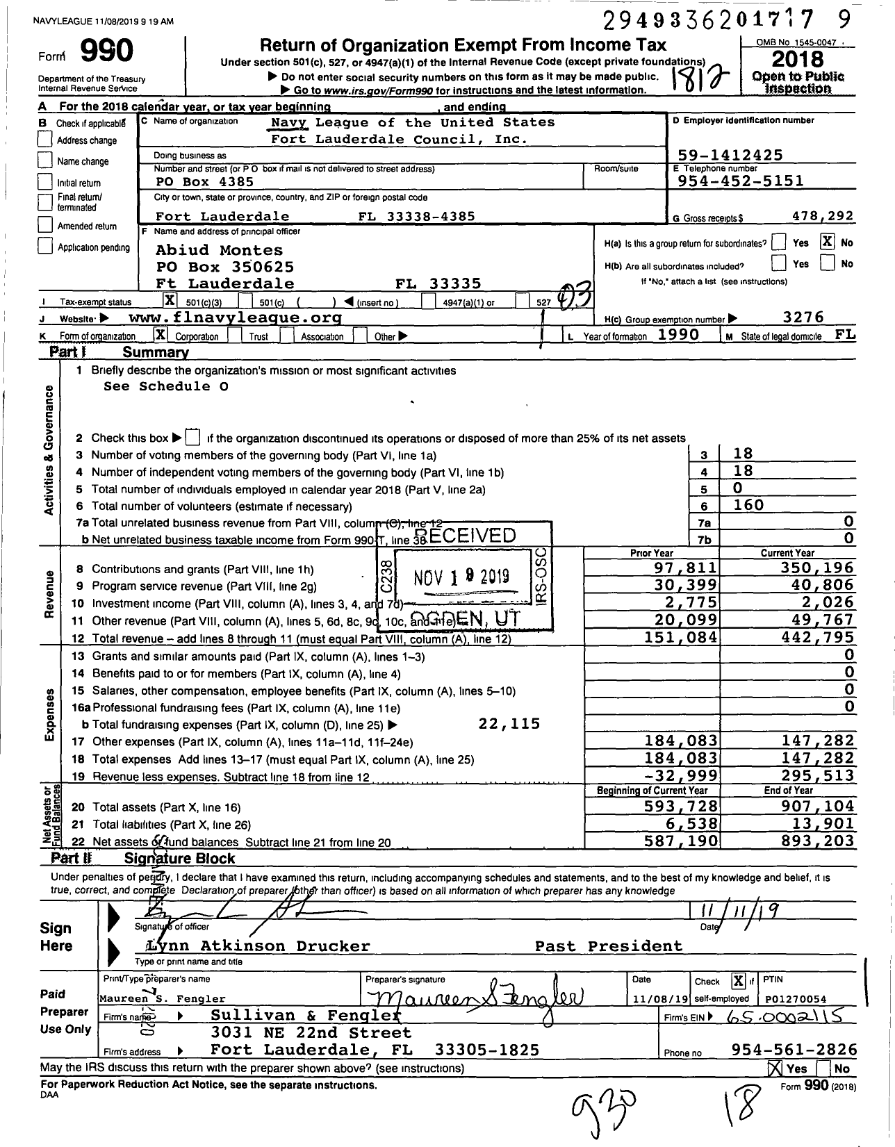 Image of first page of 2018 Form 990 for Navy League of the United States Fort Lauderdale Council