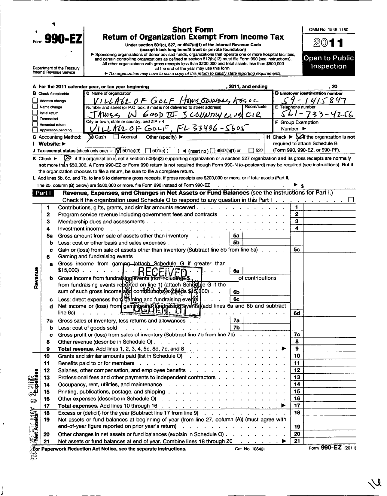 Image of first page of 2011 Form 990EZ for Village of Golf Homeowners Association