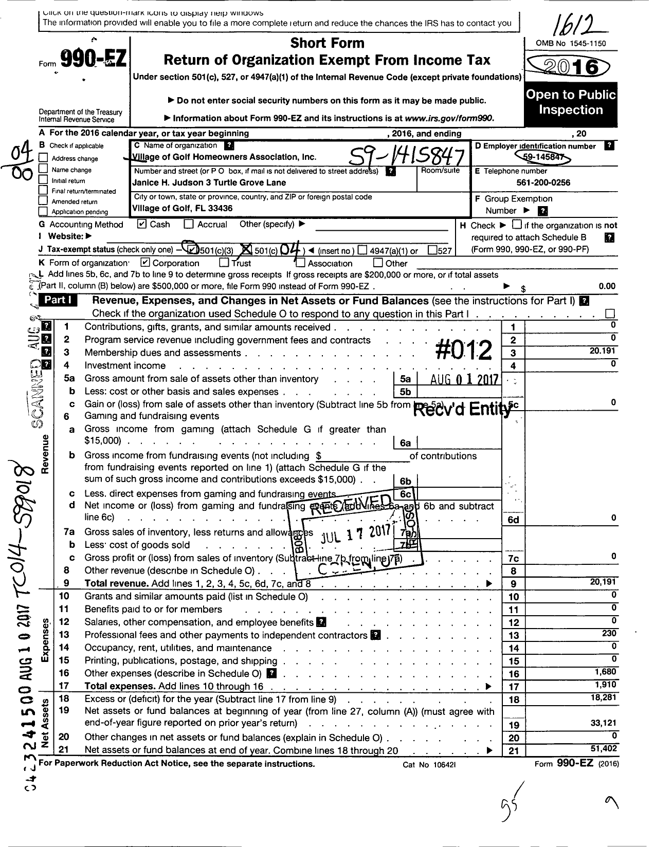 Image of first page of 2016 Form 990EO for Village of Golf Homeowners Association