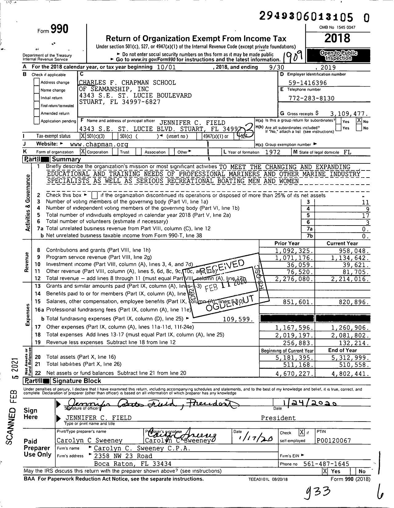 Image of first page of 2018 Form 990 for Charles F Chapman School of Seamanship