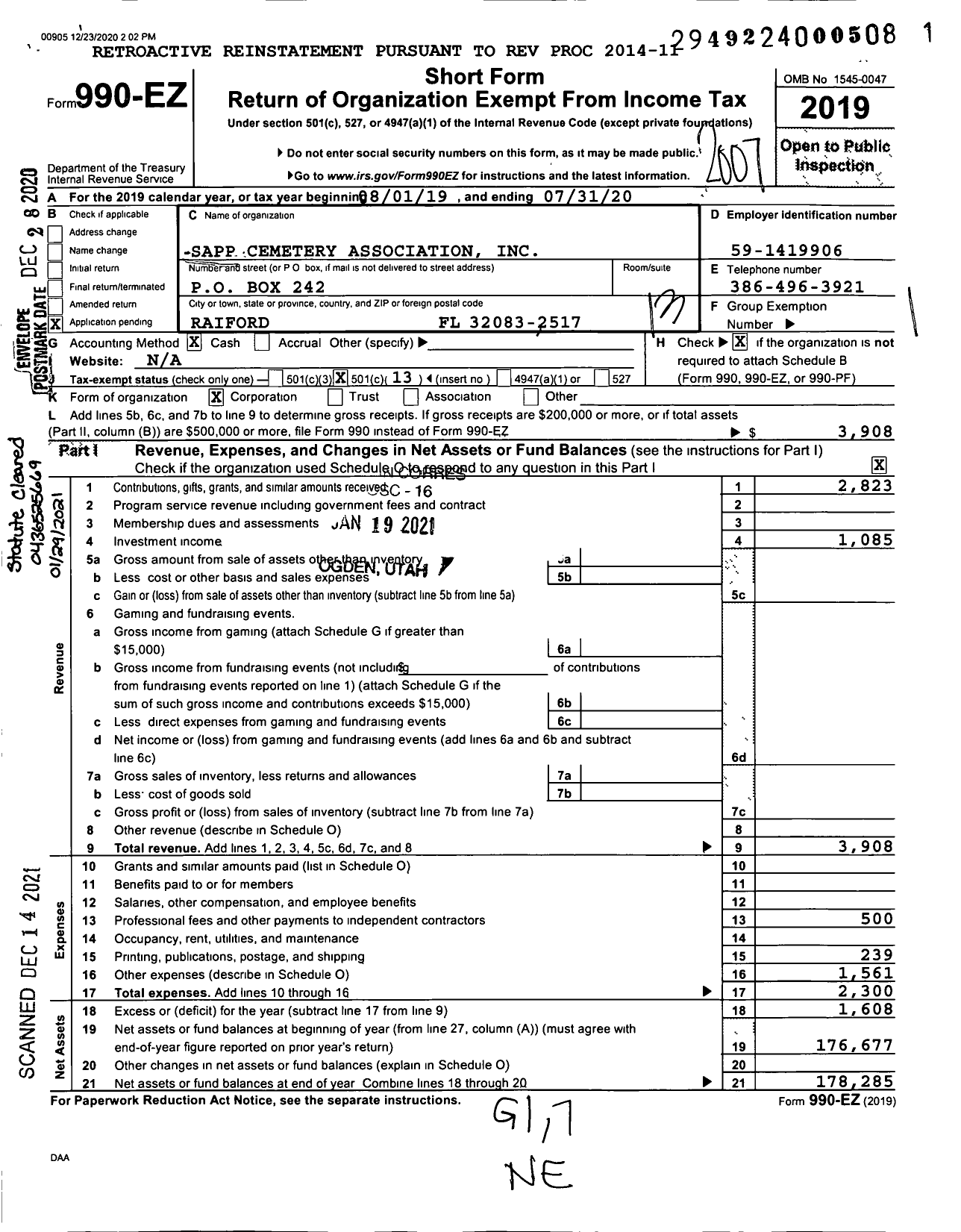 Image of first page of 2019 Form 990EO for Sapp Cemetery Association