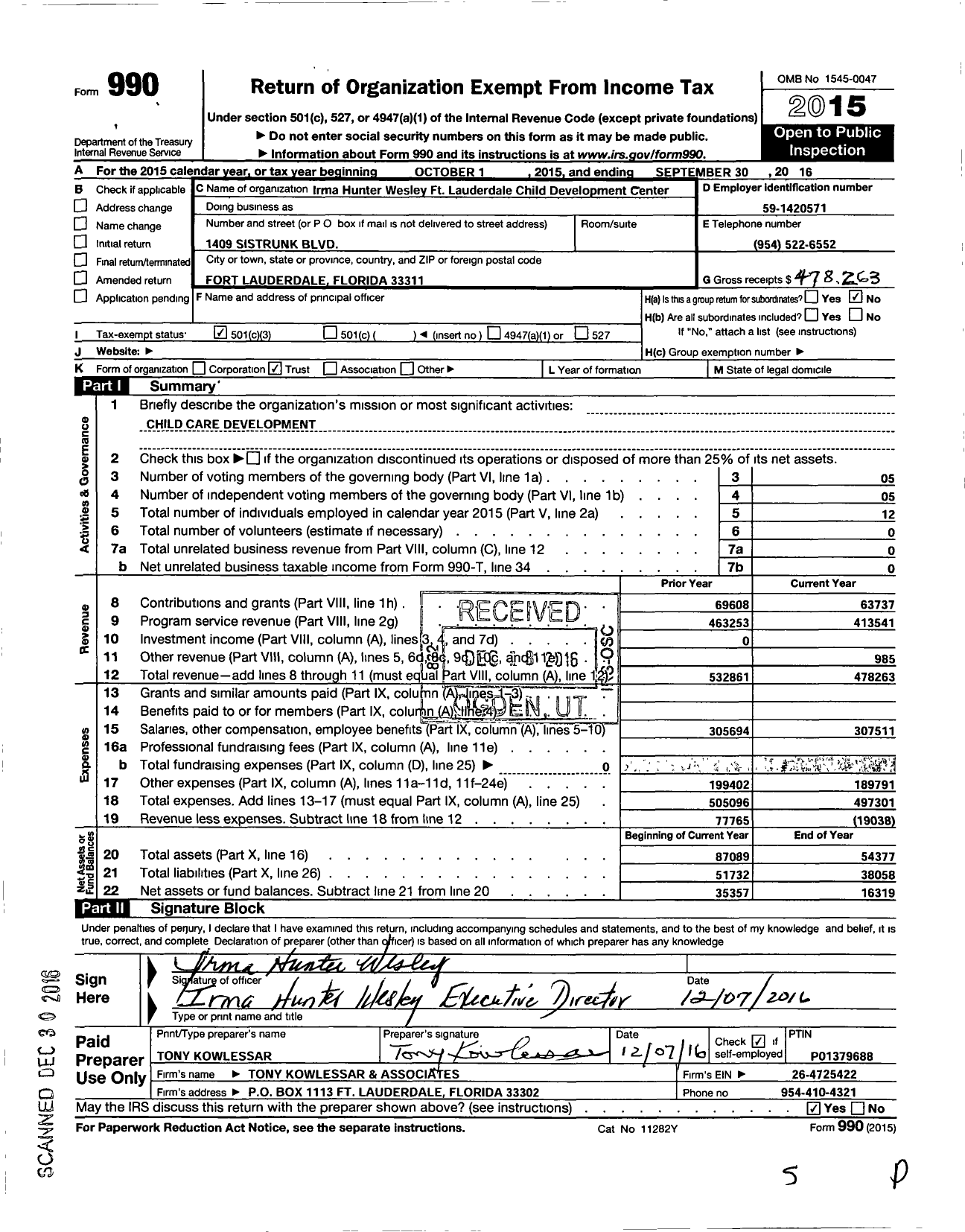 Image of first page of 2015 Form 990 for Irma Hunt Wesley FT Laud Child Development Center