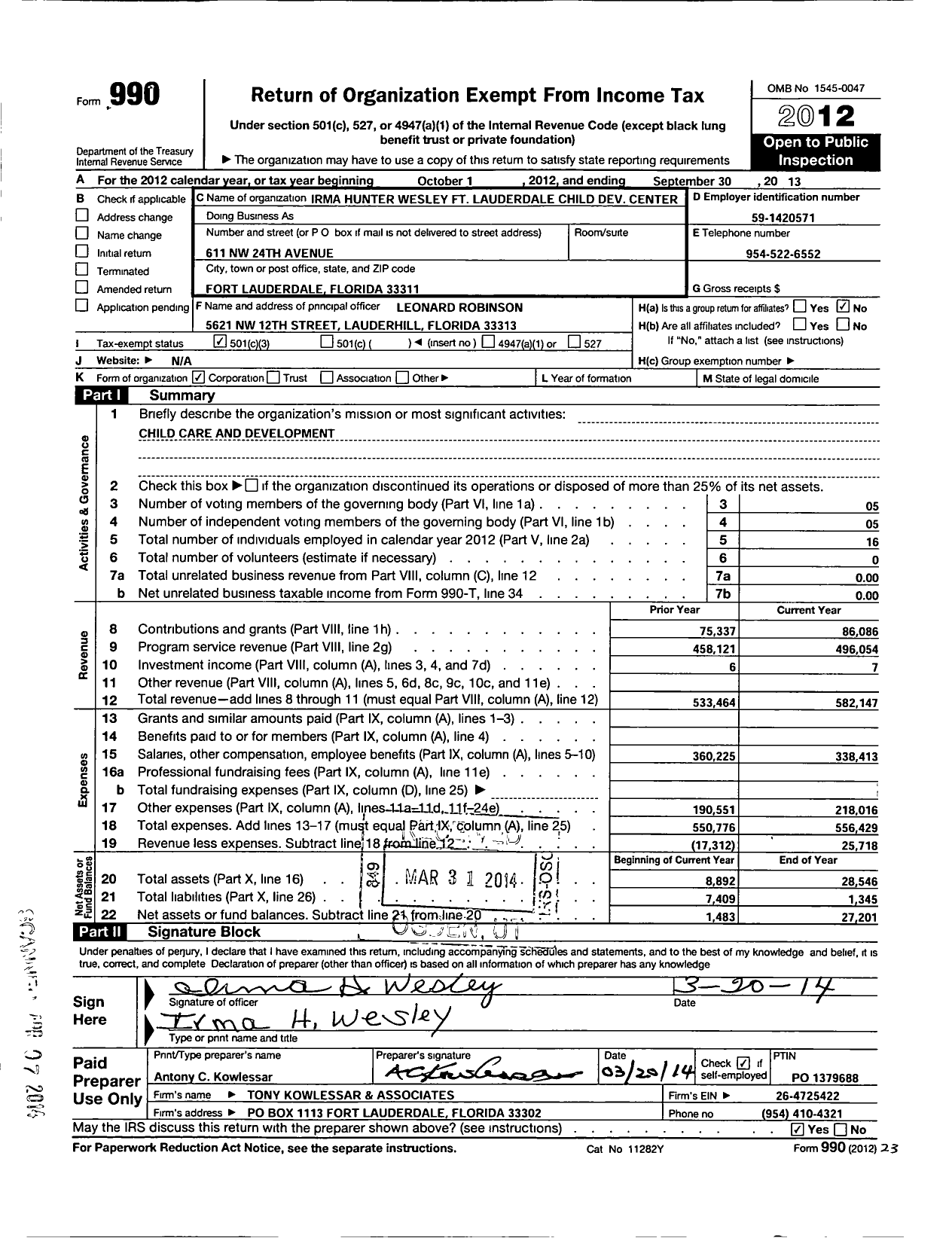 Image of first page of 2012 Form 990 for Irma Hunt Wesley FT Laud Child Development Center