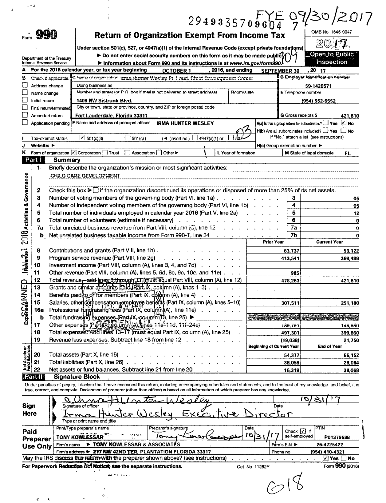 Image of first page of 2016 Form 990 for Irma Hunt Wesley FT Laud Child Development Center