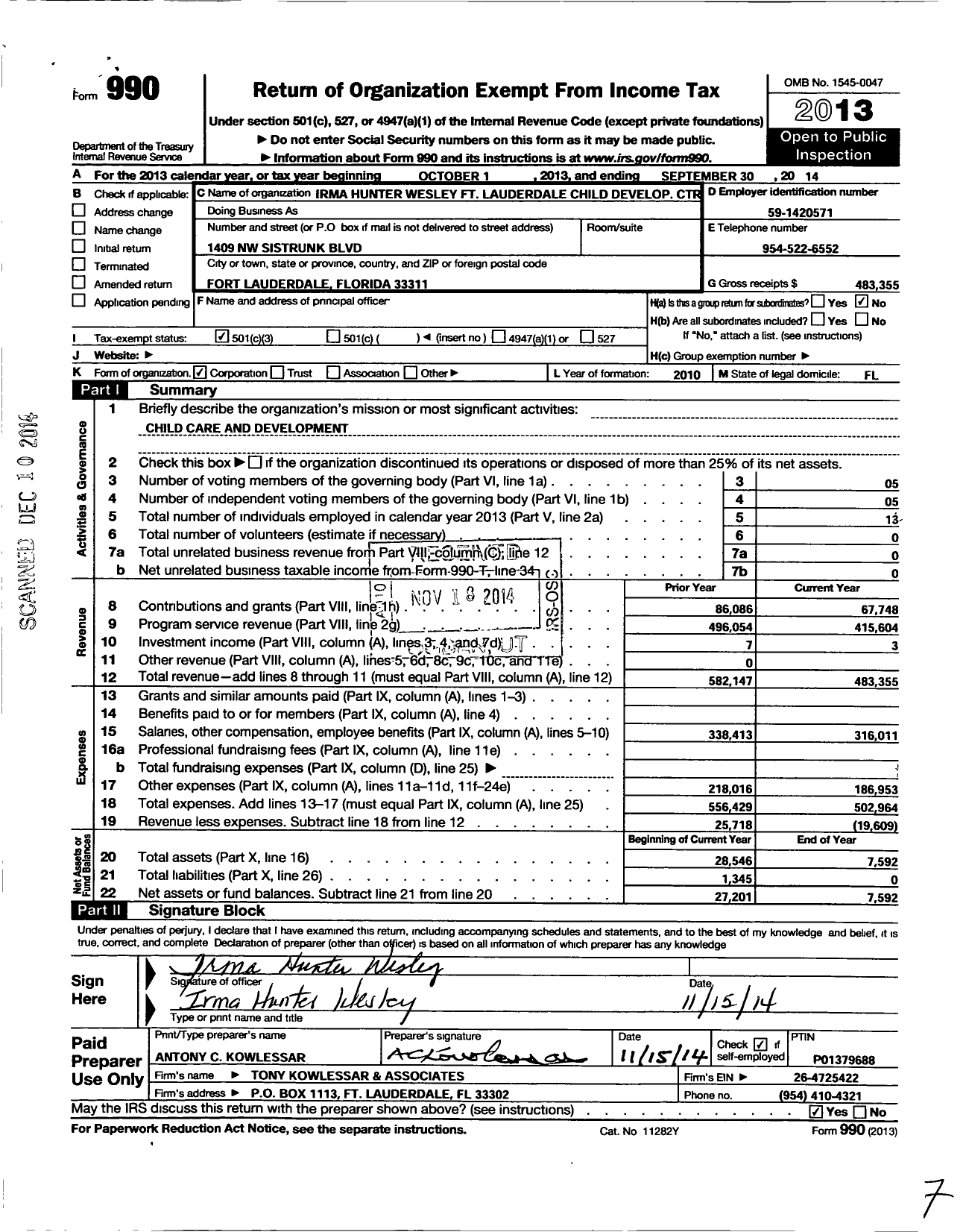 Image of first page of 2013 Form 990 for Irma Hunt Wesley FT Laud Child Development Center
