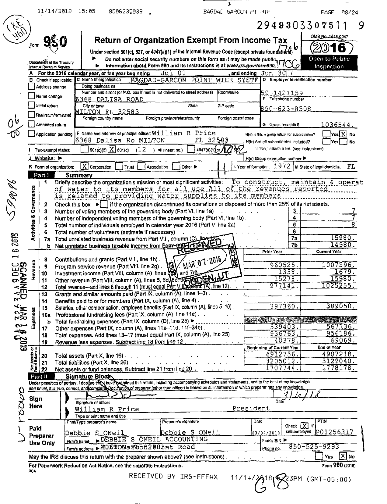 Image of first page of 2016 Form 990O for Bagdad Garcon Point Water System
