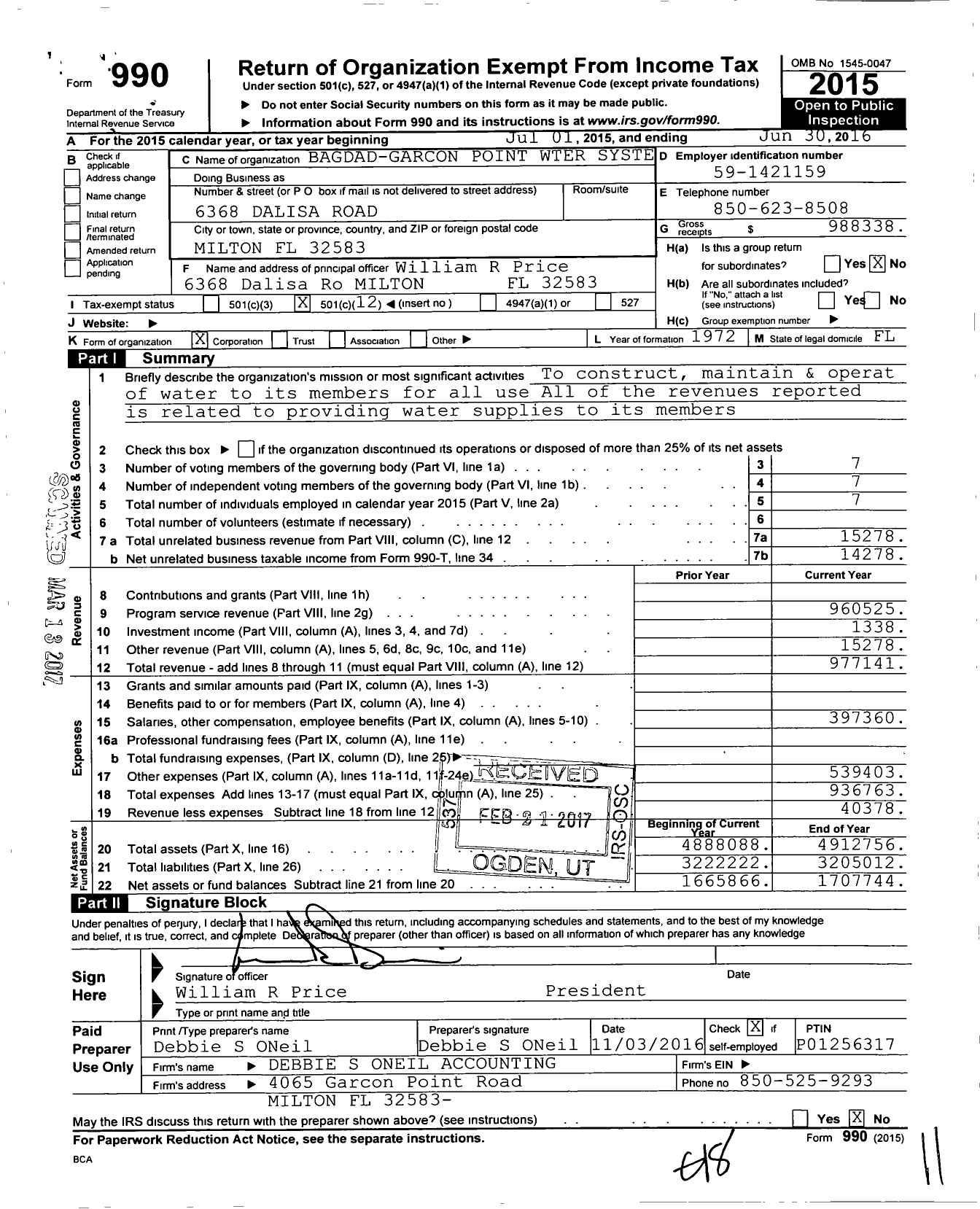 Image of first page of 2015 Form 990O for Bagdad Garcon Point Water System