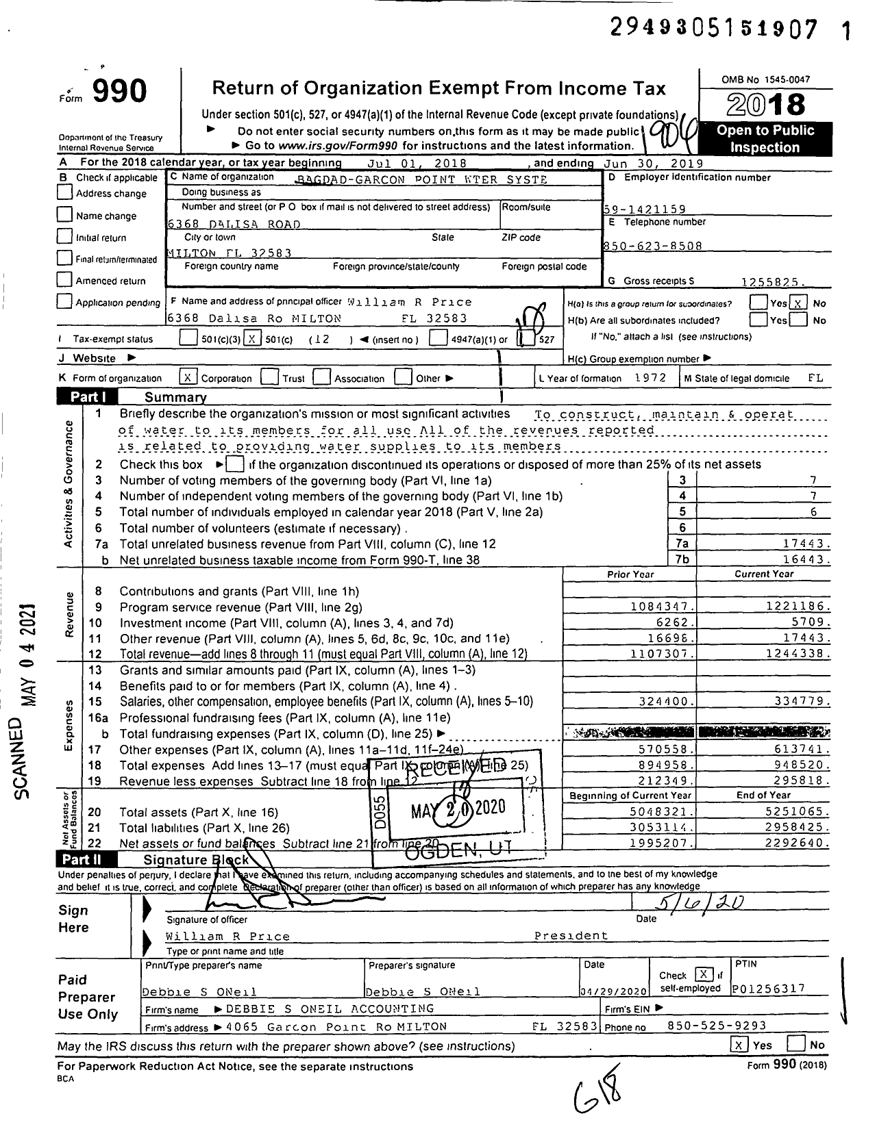 Image of first page of 2018 Form 990O for Bagdad Garcon Point Water System