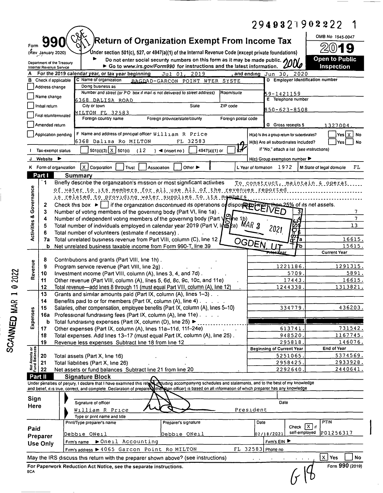 Image of first page of 2019 Form 990O for Bagdad Garcon Point Water System