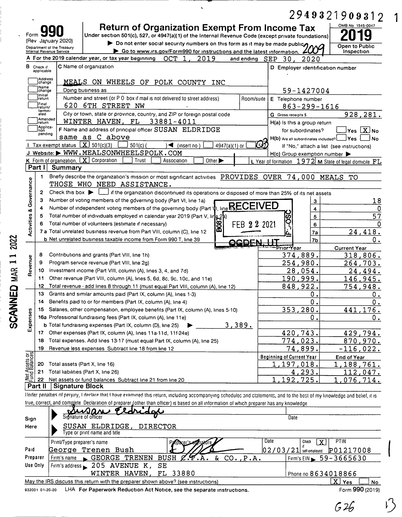 Image of first page of 2019 Form 990 for Meals on Wheels of Polk County