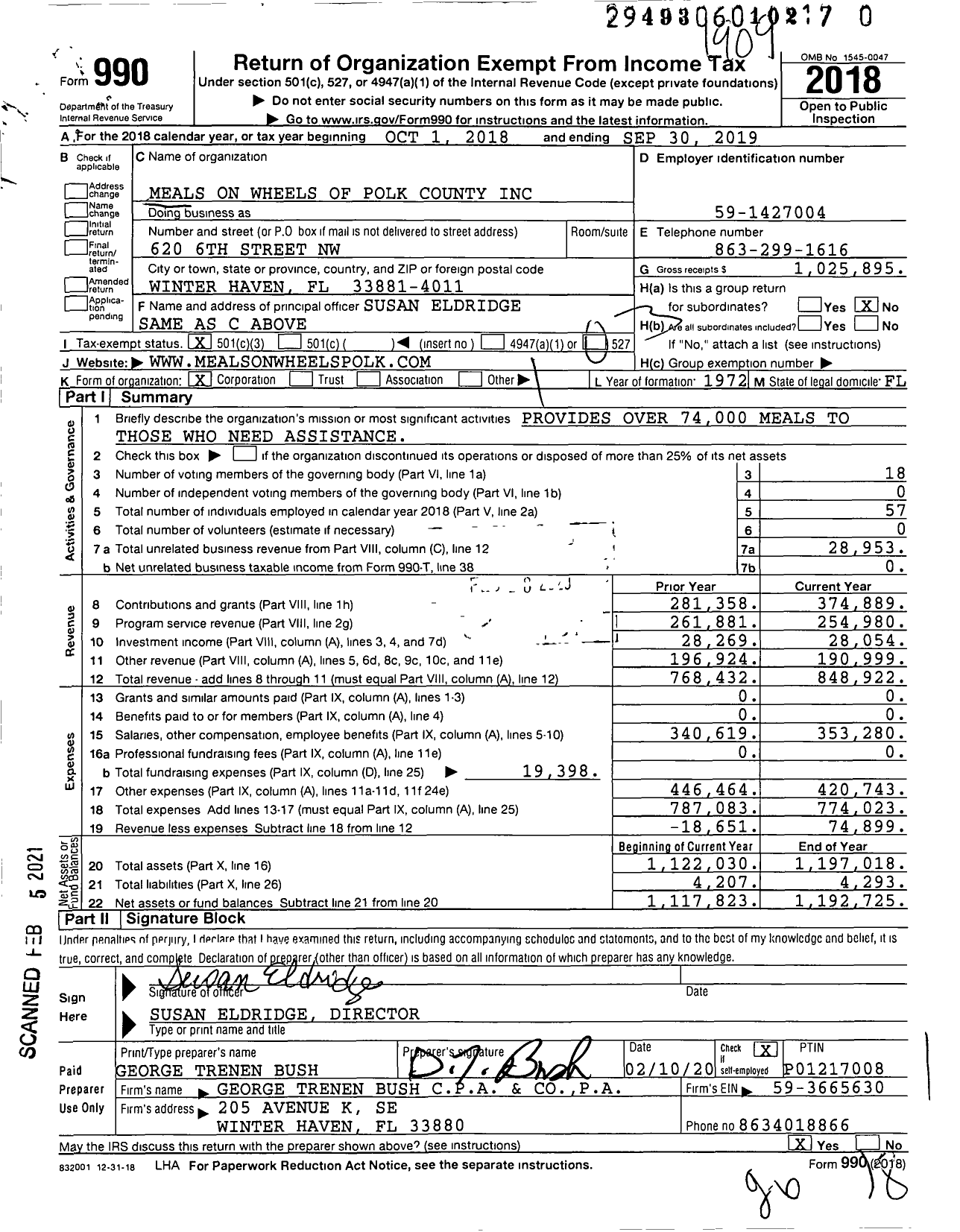 Image of first page of 2018 Form 990 for Meals on Wheels of Polk County