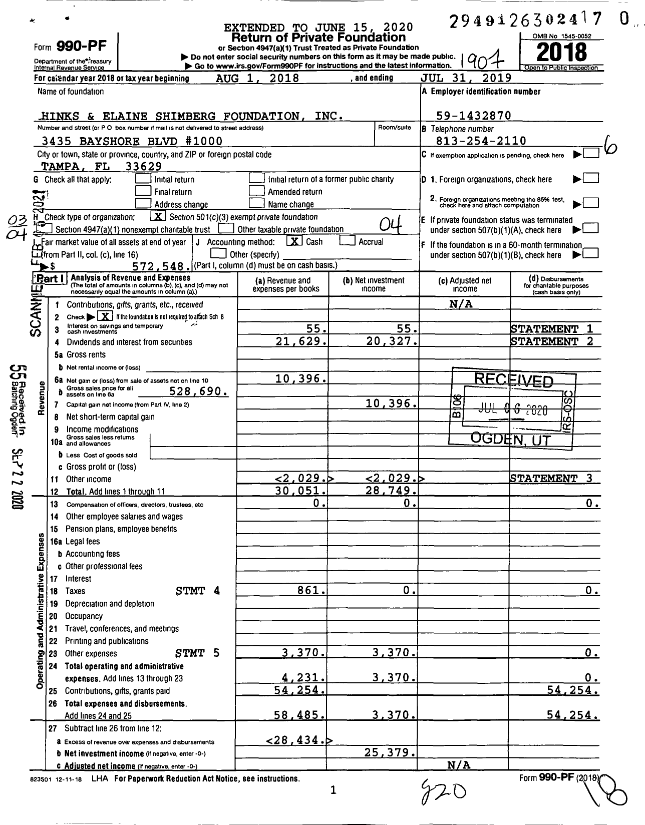 Image of first page of 2018 Form 990PF for Hinks and Elaine Shimberg Foundation