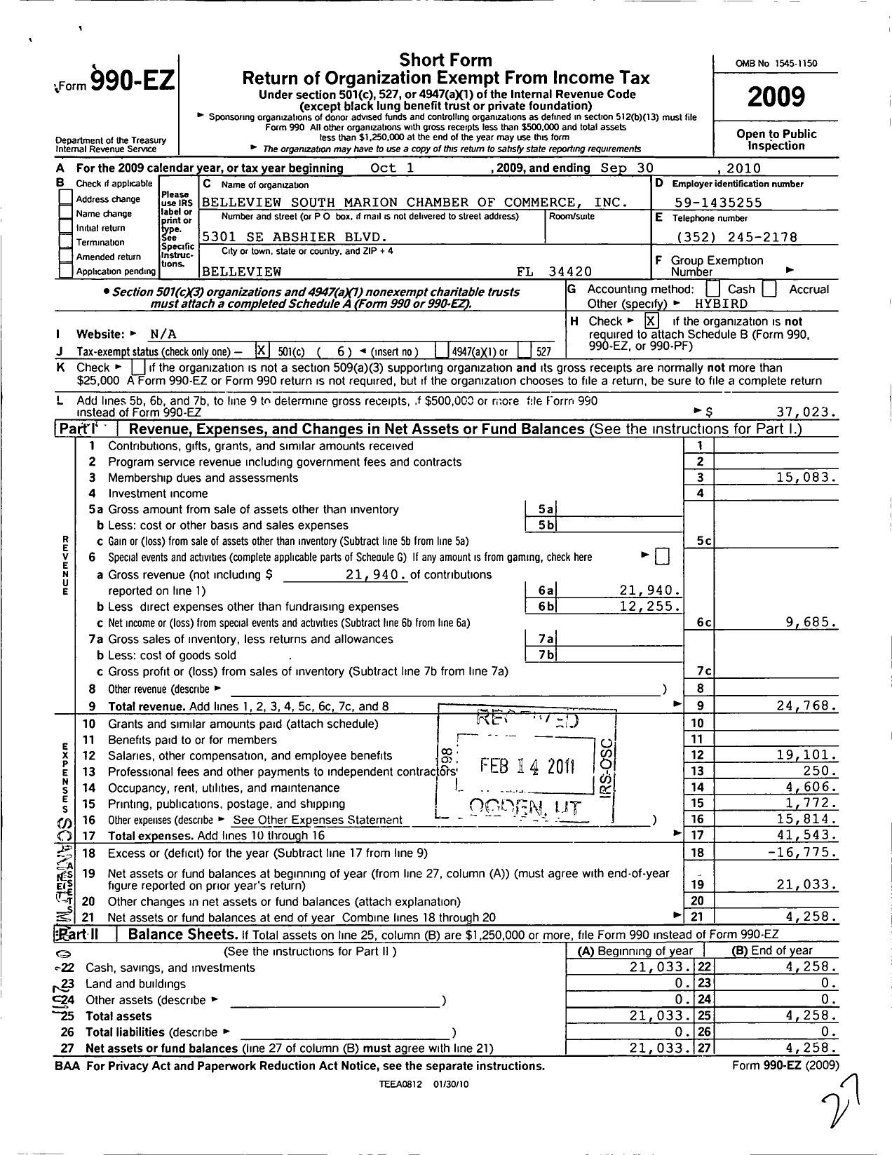 Image of first page of 2009 Form 990EO for BelleviewSouth Marion Chamber of Commerce