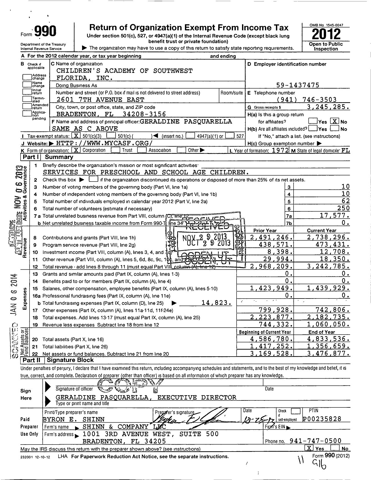 Image of first page of 2012 Form 990 for Children's Academy of Southwest Florida
