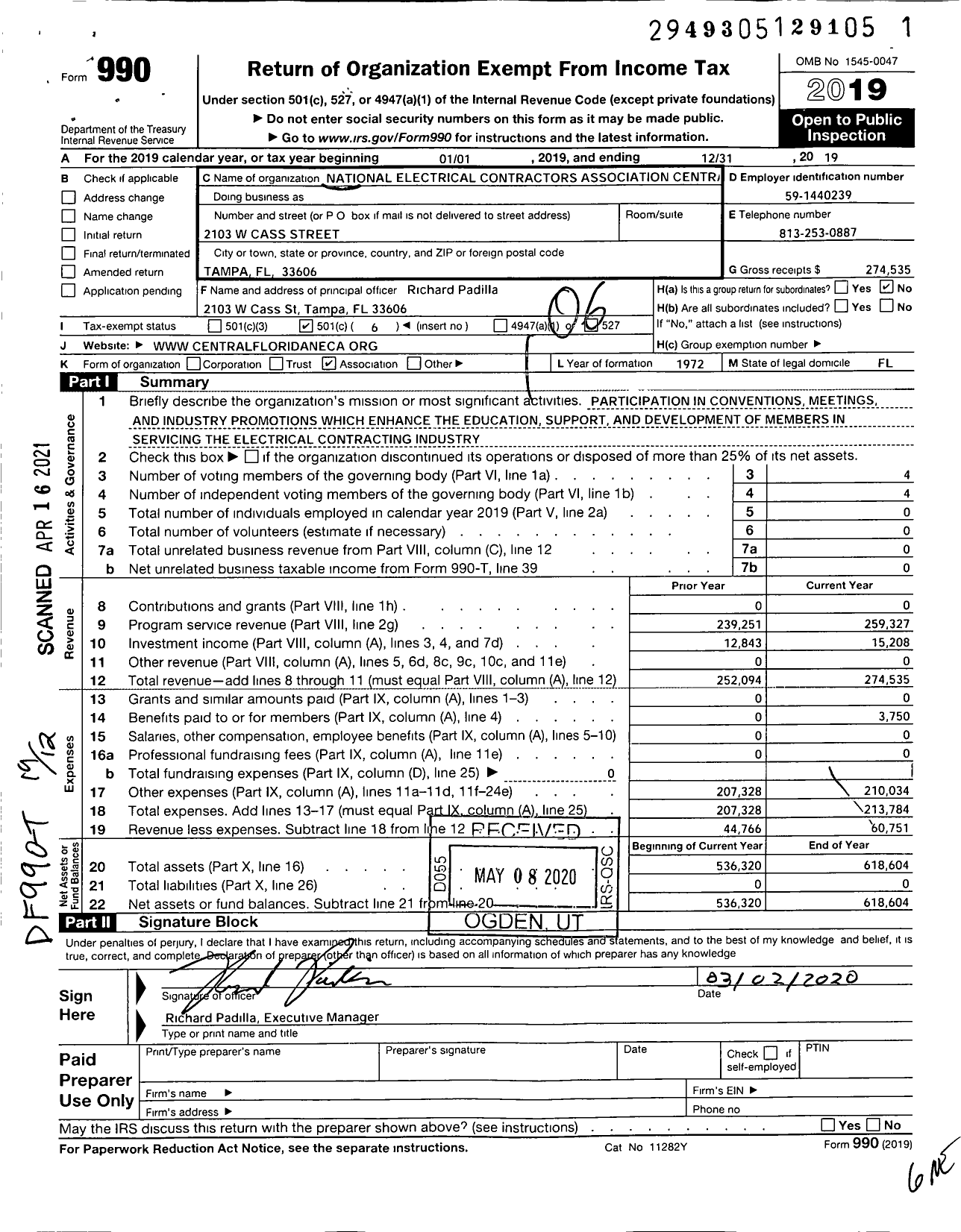 Image of first page of 2019 Form 990O for National Electrical Contractors Association Central Florida Chapter