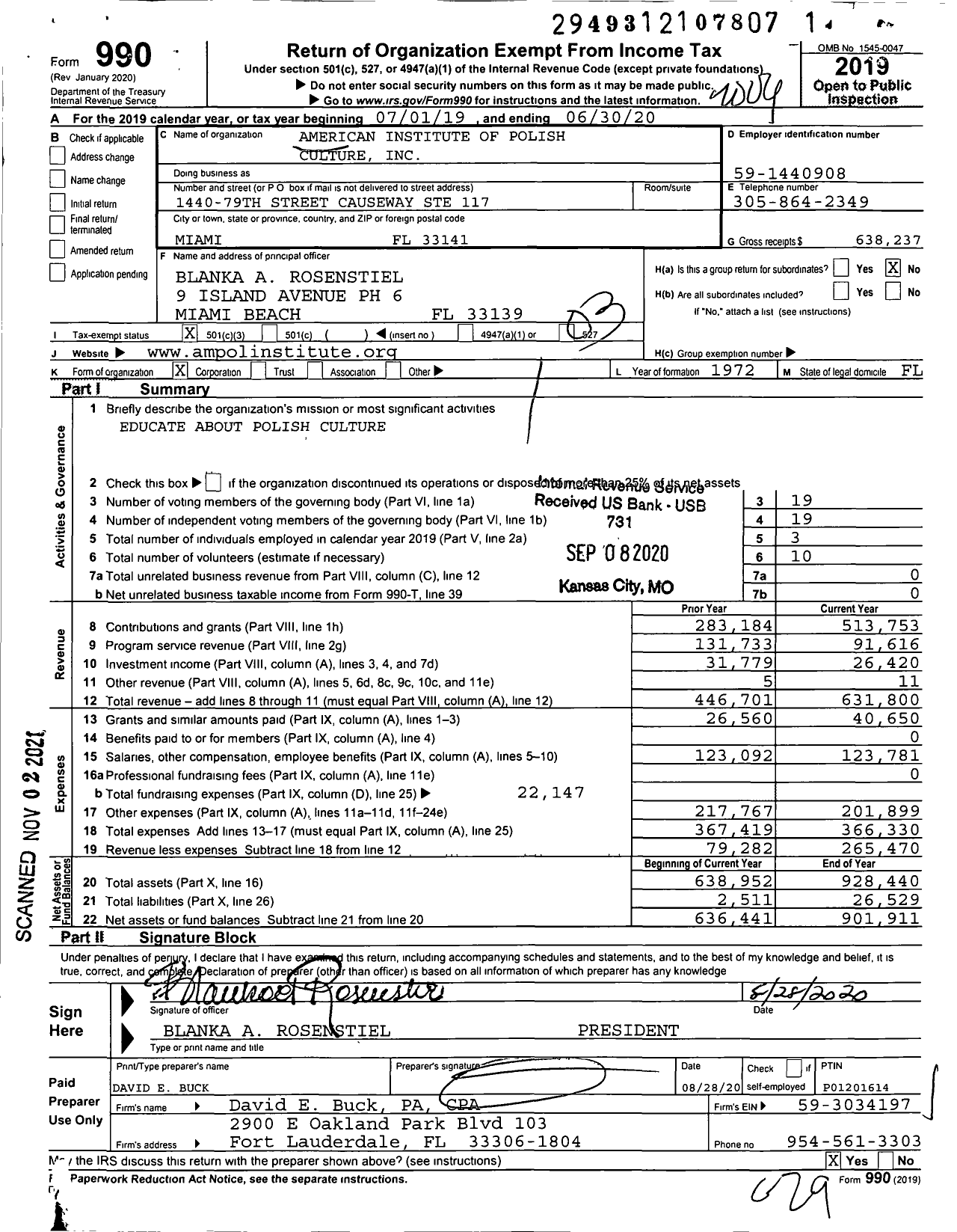 Image of first page of 2019 Form 990 for American Institute of Polish Culture