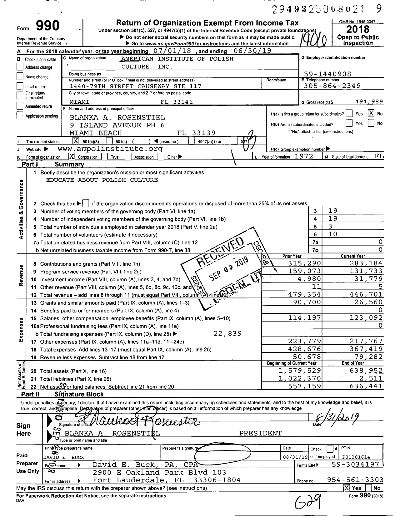 Image of first page of 2018 Form 990 for American Institute of Polish Culture