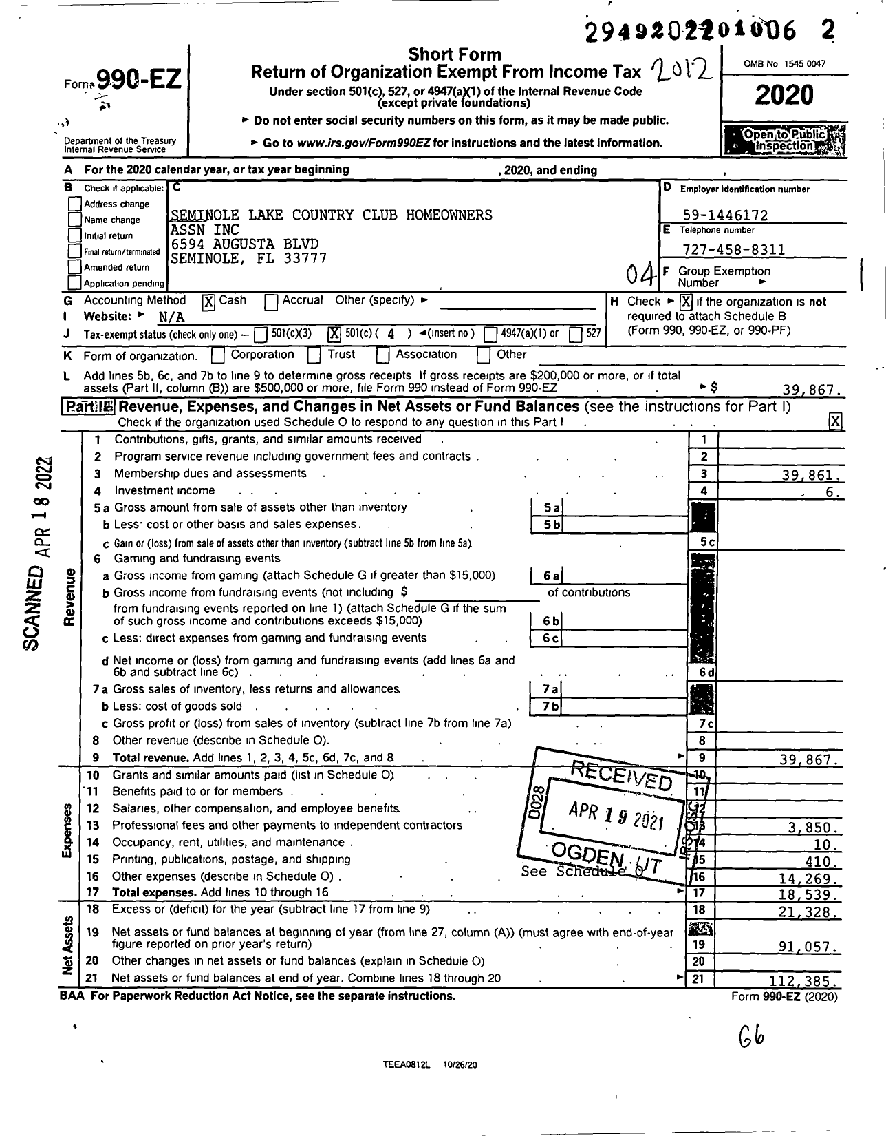 Image of first page of 2020 Form 990EO for Seminole Lake Country Club Homeowners Assn