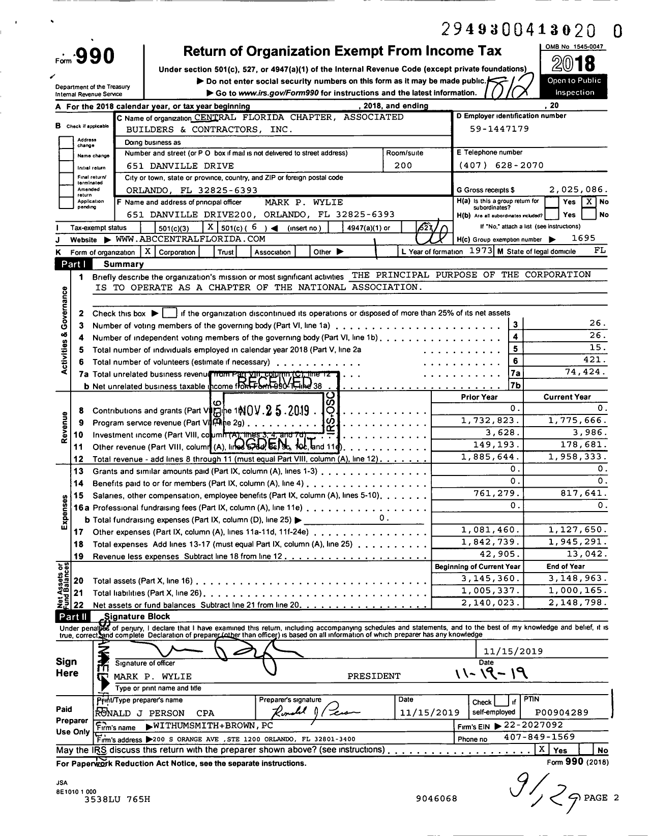 Image of first page of 2018 Form 990O for Associated Builders and Contractors - Central Florida Chapter Pol