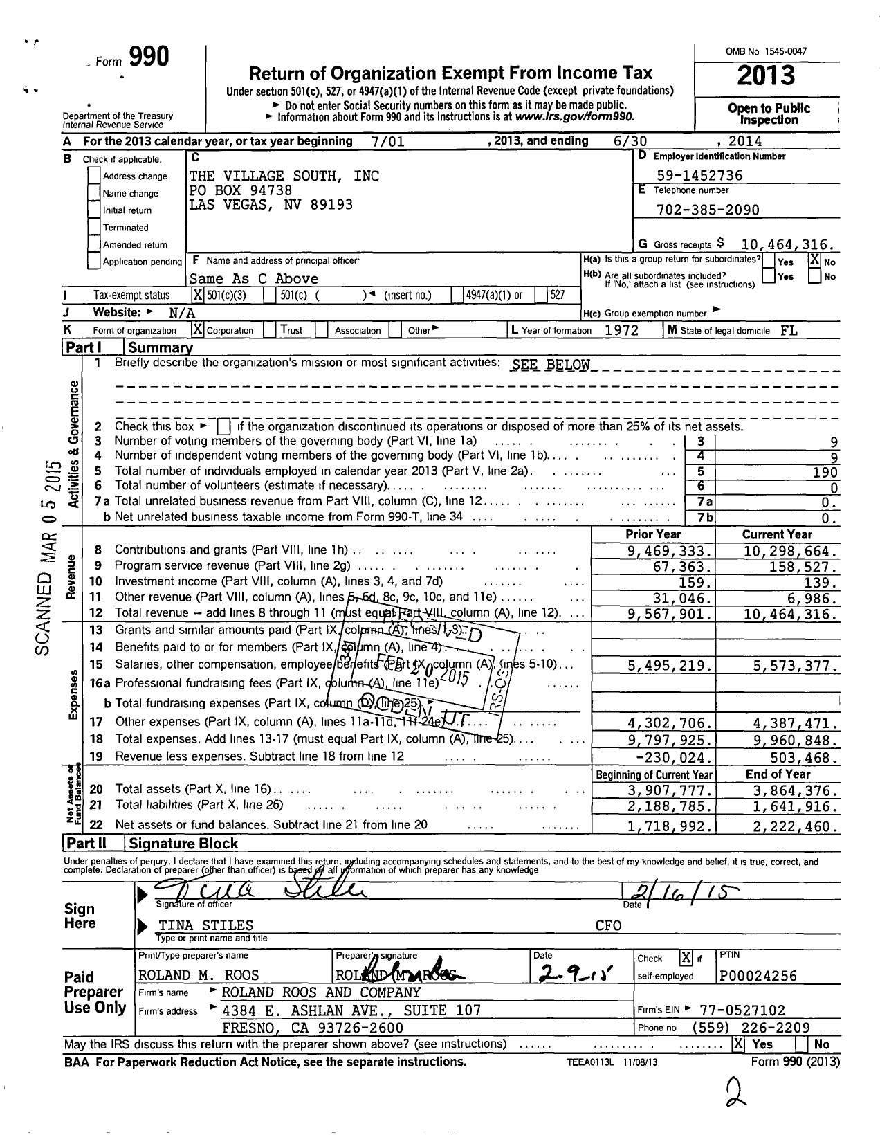 Image of first page of 2013 Form 990 for Village South