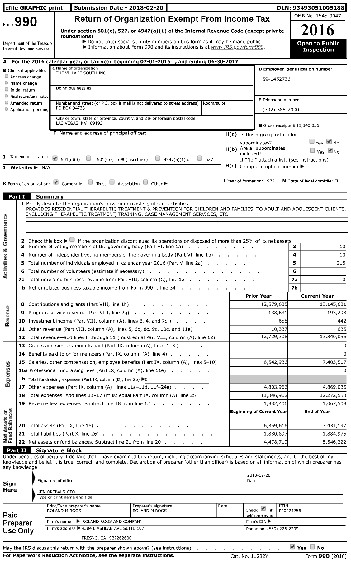 Image of first page of 2016 Form 990 for Village South