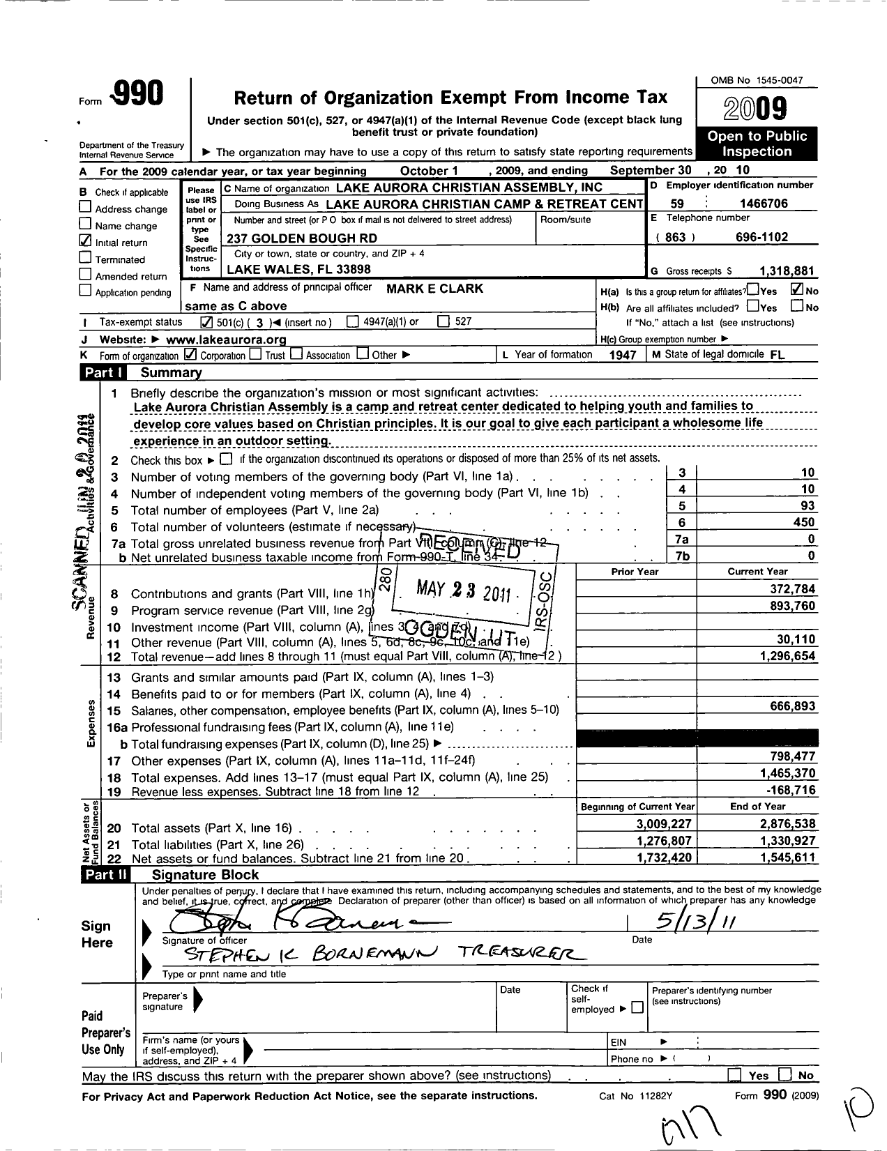 Image of first page of 2009 Form 990 for Lake Aurora Christian Assembly