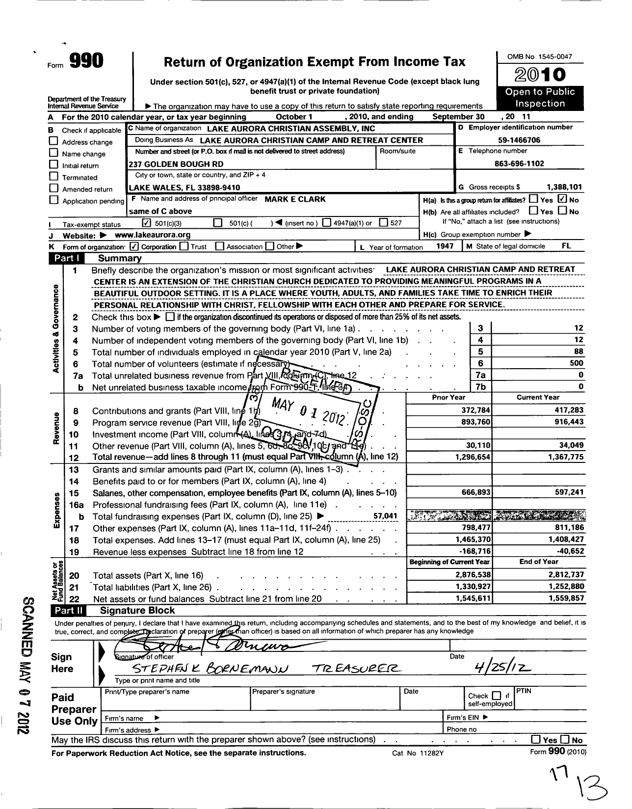 Image of first page of 2010 Form 990 for Lake Aurora Christian Assembly