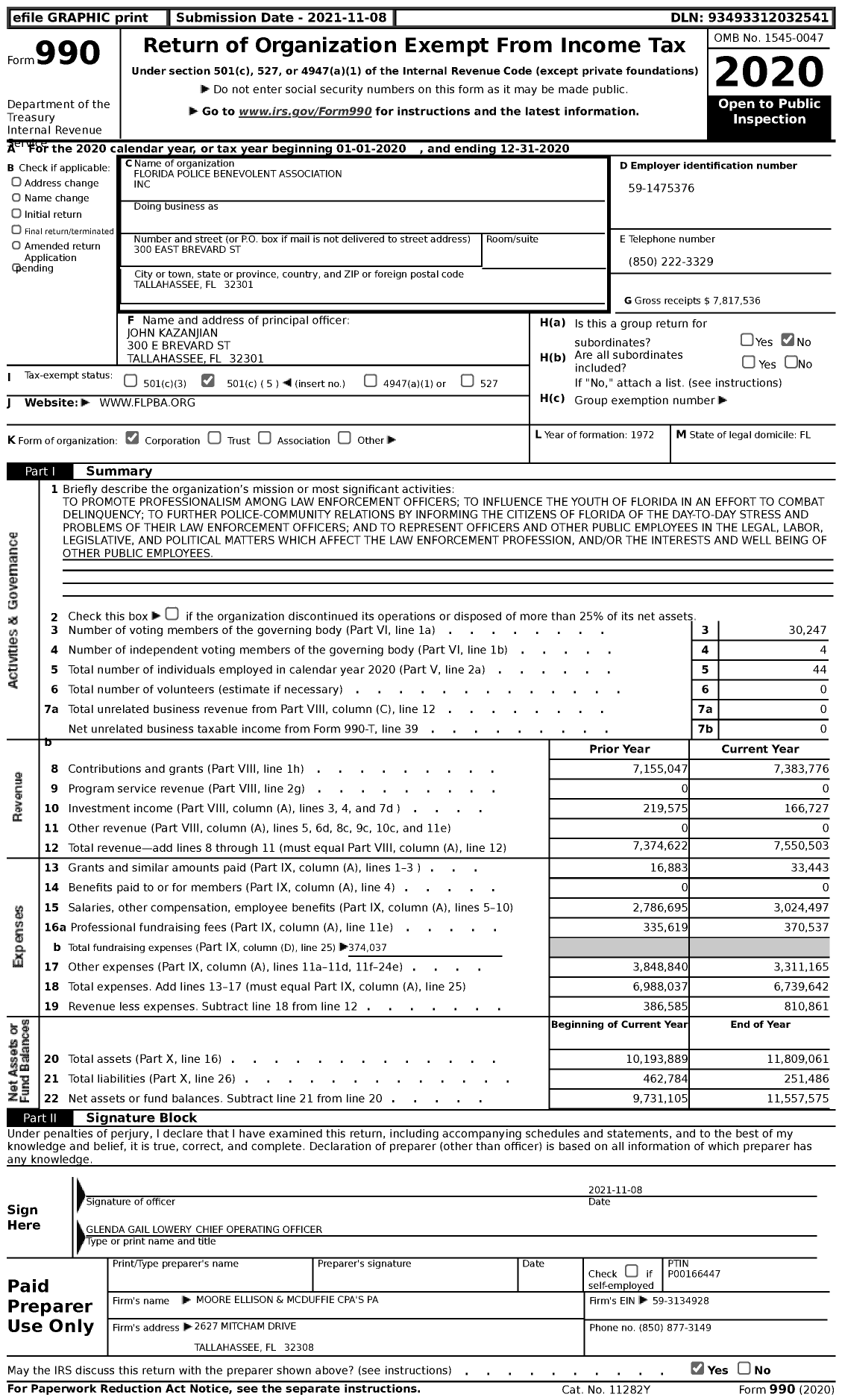 Image of first page of 2020 Form 990 for Florida Police Benevolent Association