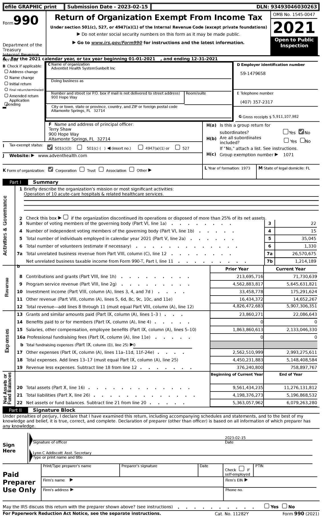 Image of first page of 2021 Form 990 for Adventist Health SystemSunbelt