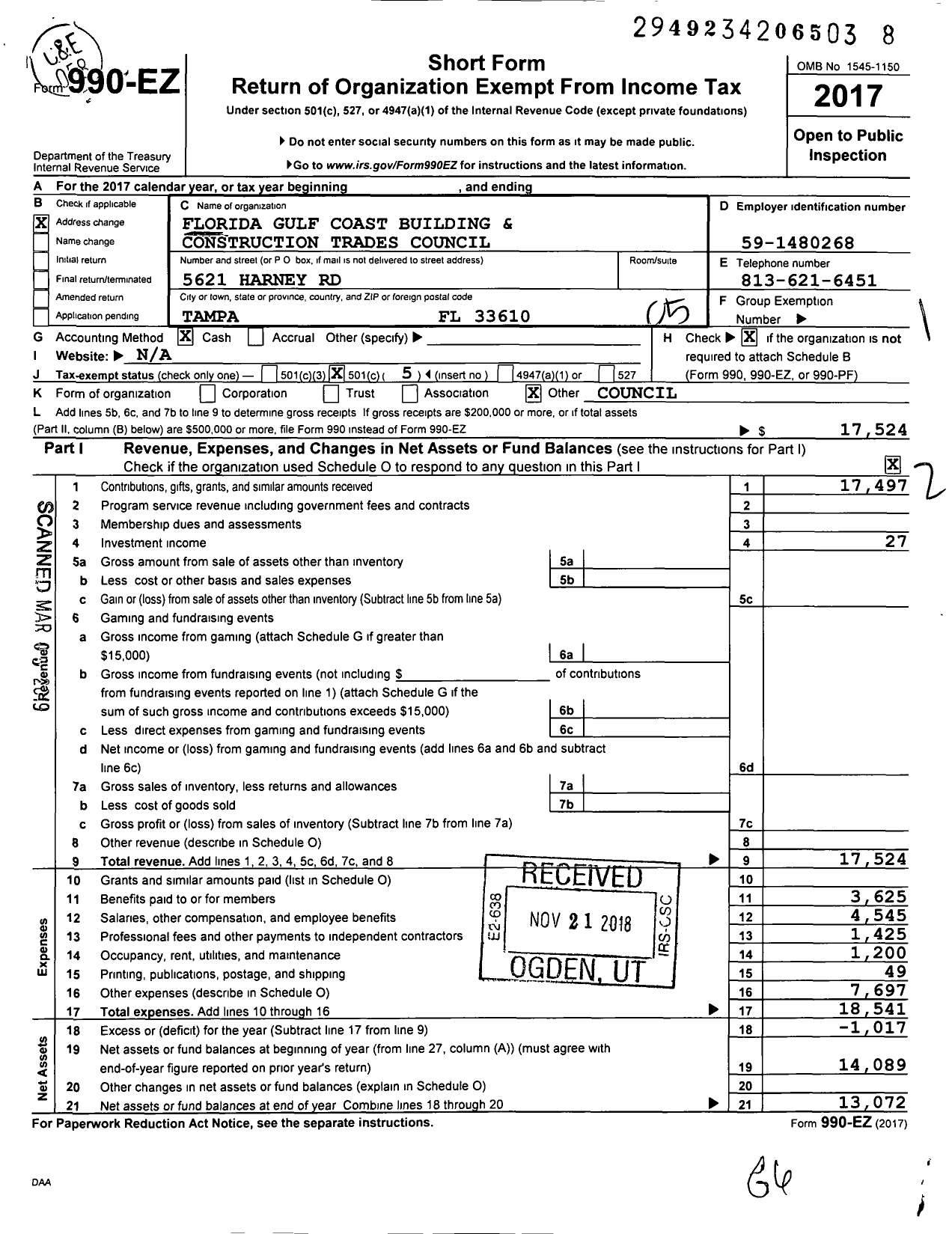 Image of first page of 2017 Form 990EO for AFL-CIO - Florida Gulf Coast Bldg CNSTR Trads