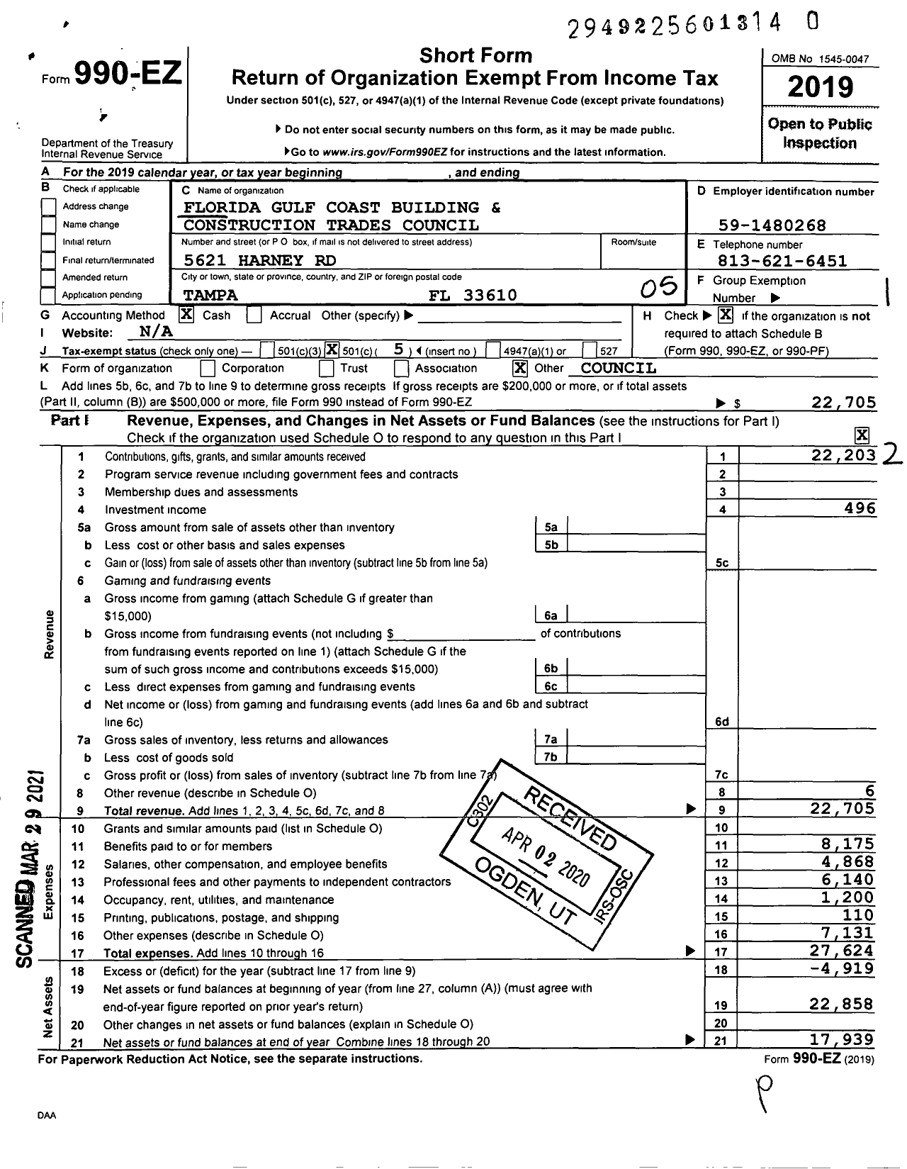 Image of first page of 2019 Form 990EO for AFL-CIO - Florida Gulf Coast Bldg CNSTR Trads