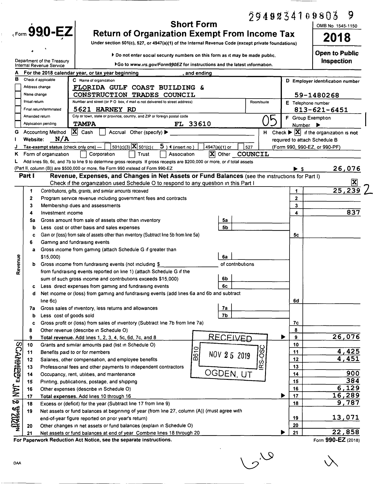 Image of first page of 2018 Form 990EO for AFL-CIO - Florida Gulf Coast Bldg CNSTR Trads