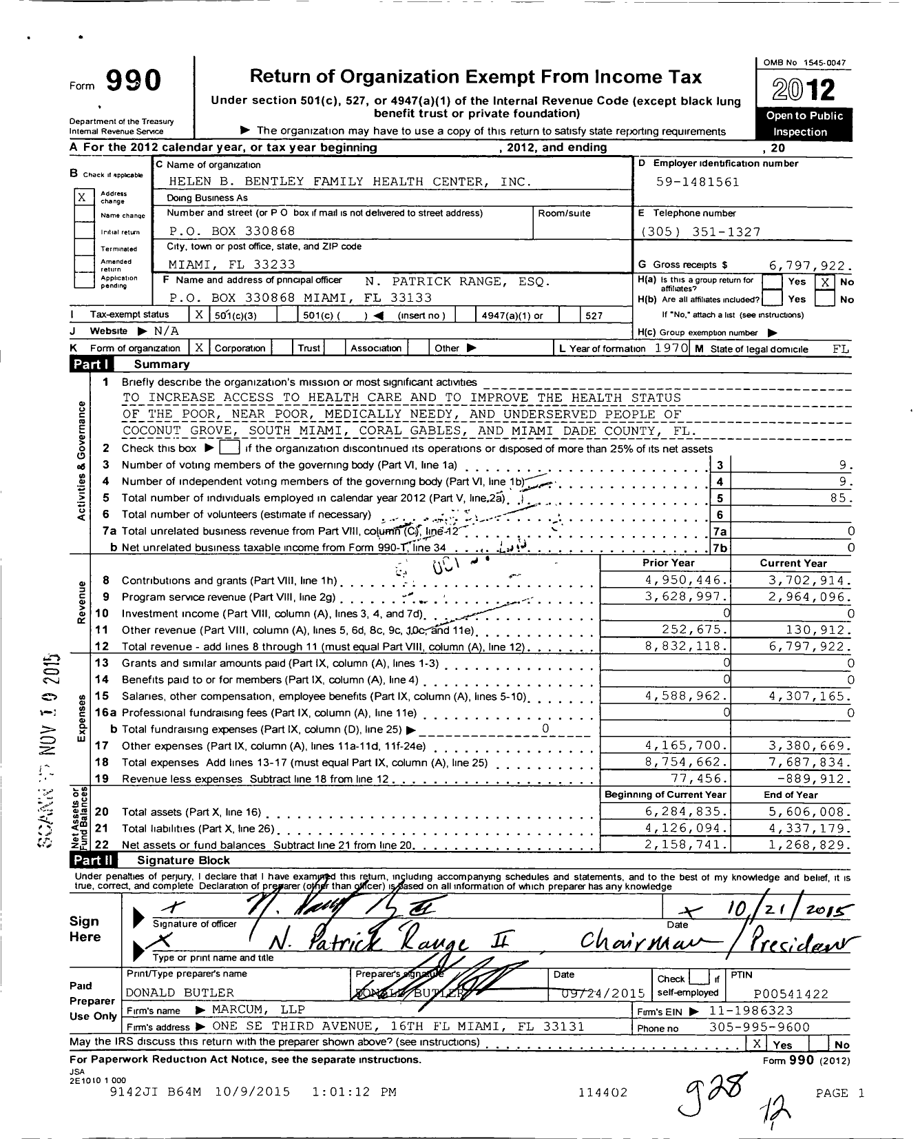 Image of first page of 2012 Form 990 for Helen B Bentley Family Health Center