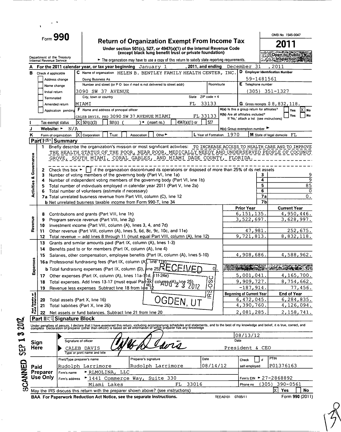 Image of first page of 2011 Form 990 for Helen B Bentley Family Health Center