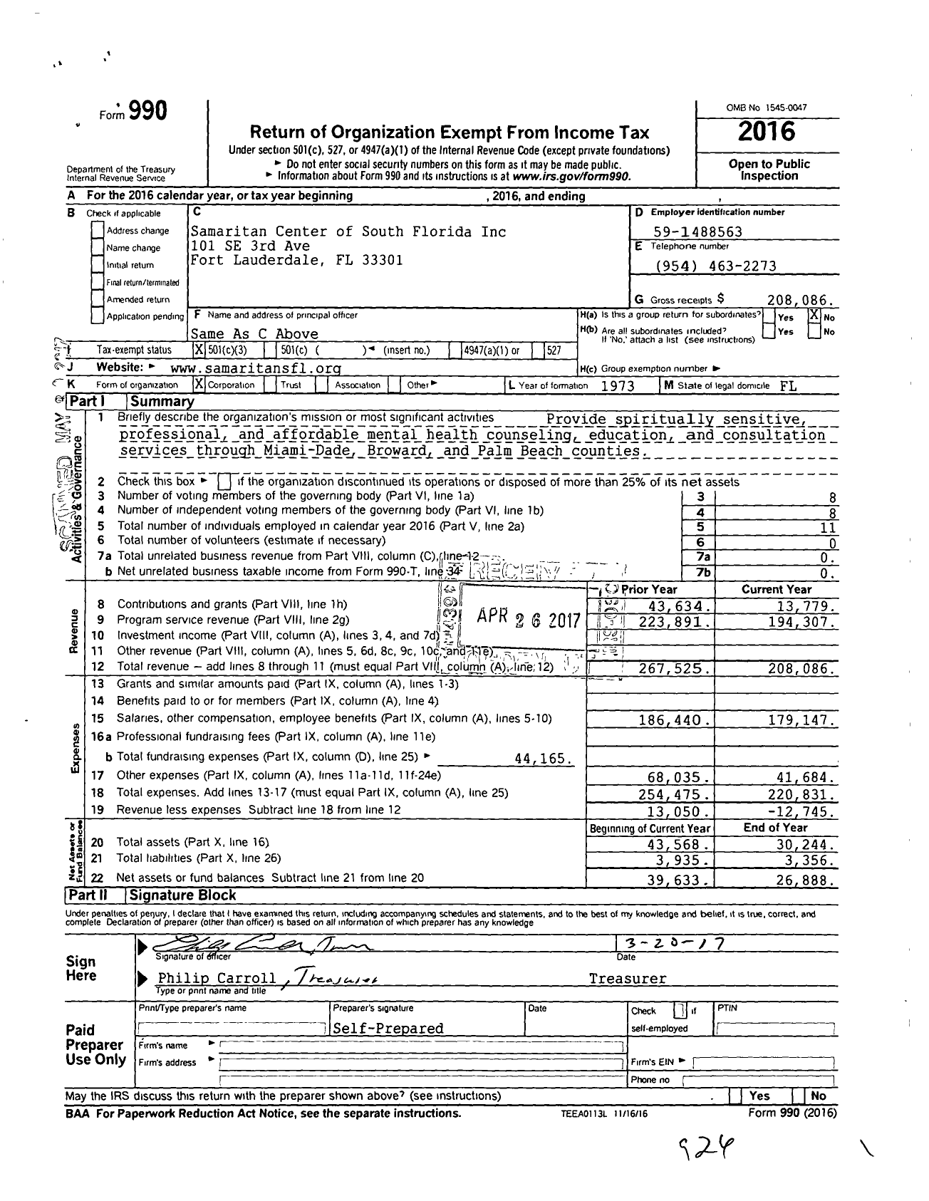 Image of first page of 2016 Form 990 for Samaritan Center of South Florida