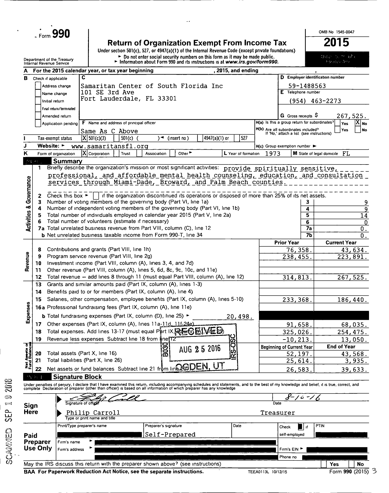 Image of first page of 2015 Form 990 for Samaritan Center of South Florida