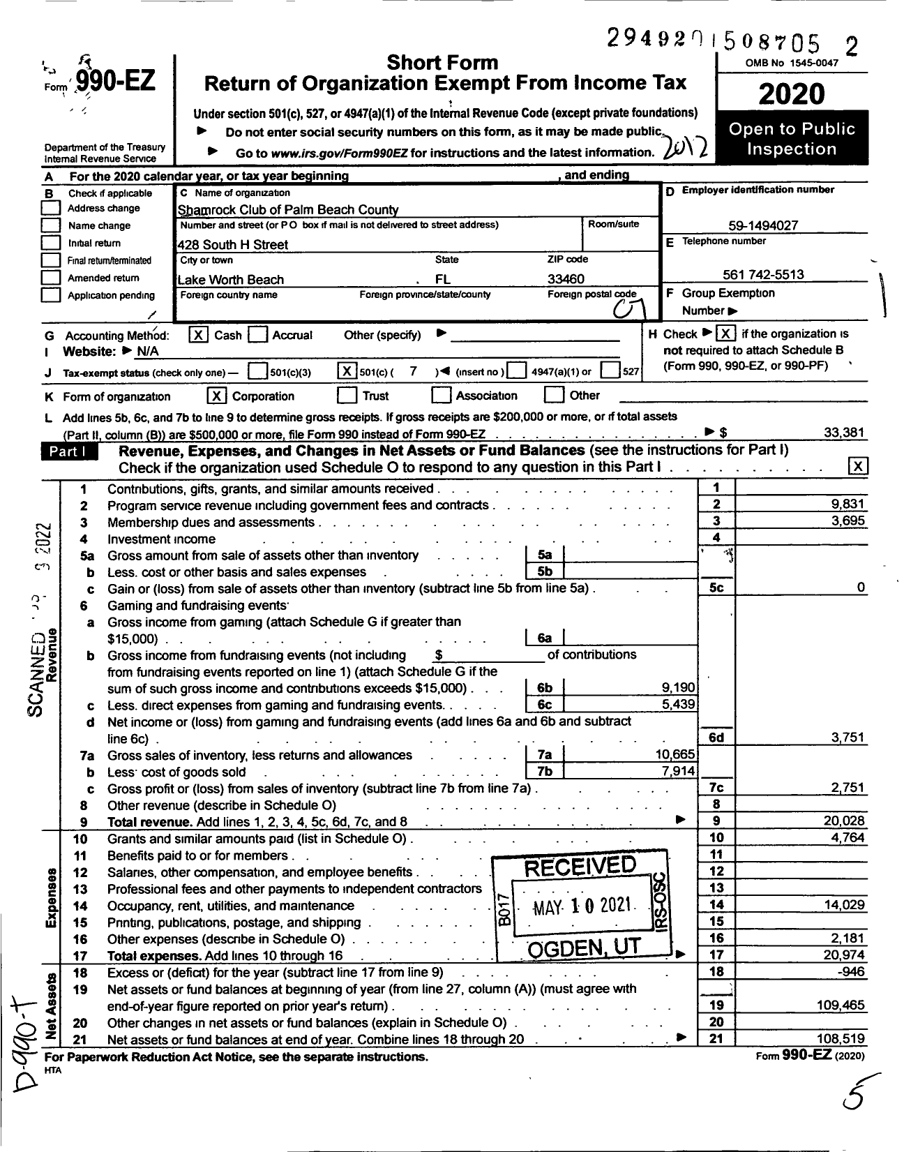 Image of first page of 2020 Form 990EO for Shamrock Club of Palm Beach County