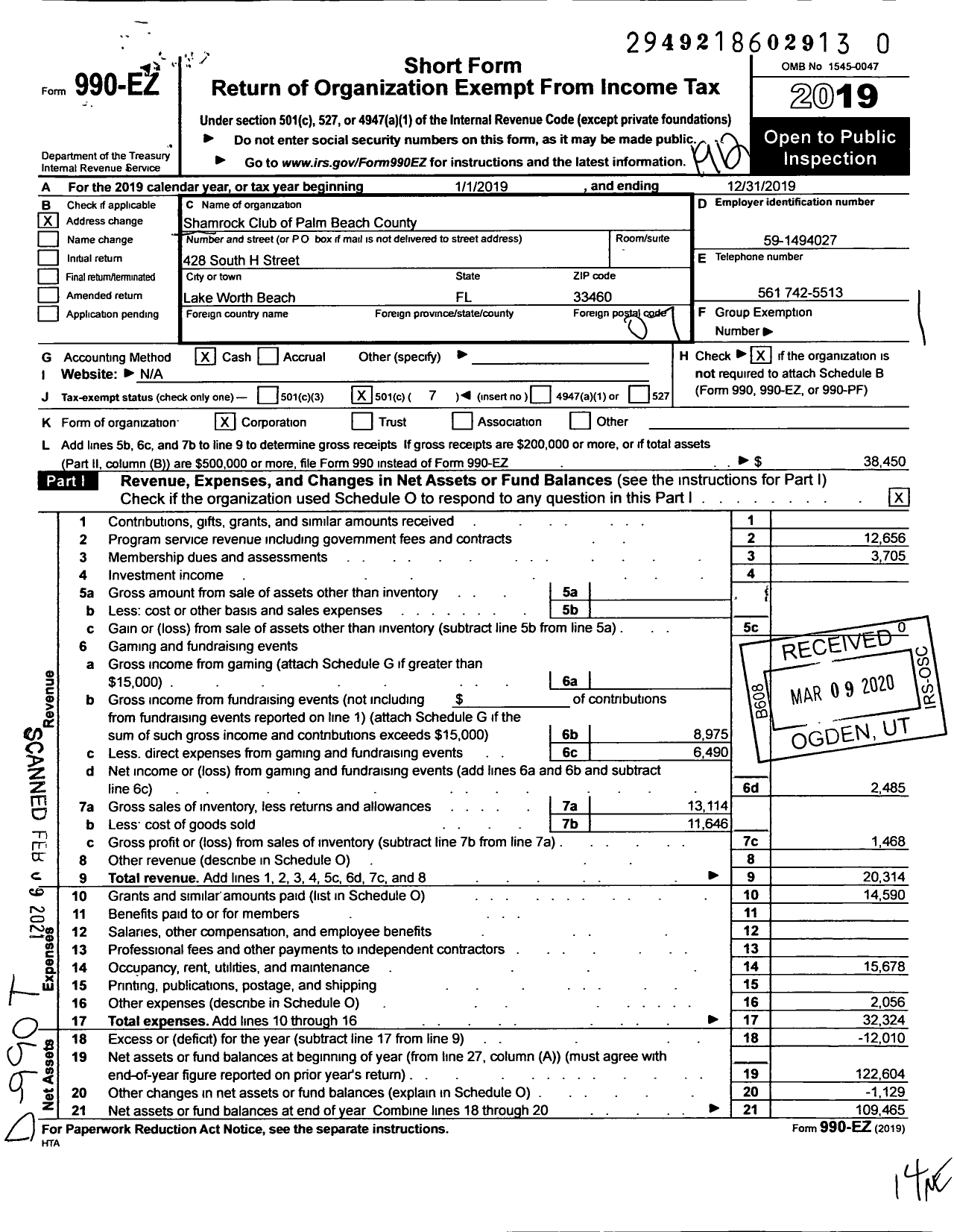 Image of first page of 2019 Form 990EO for Shamrock Club of Palm Beach County