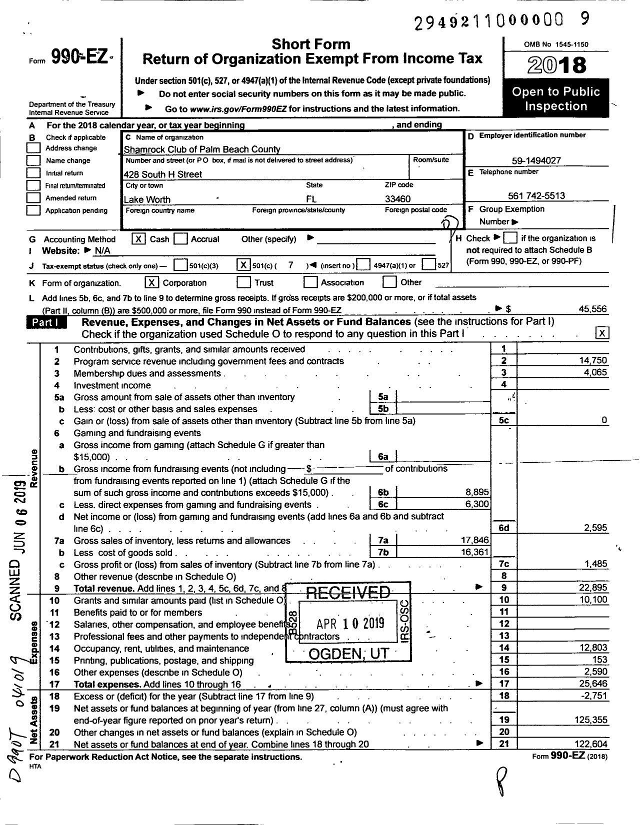 Image of first page of 2018 Form 990EO for Shamrock Club of Palm Beach County