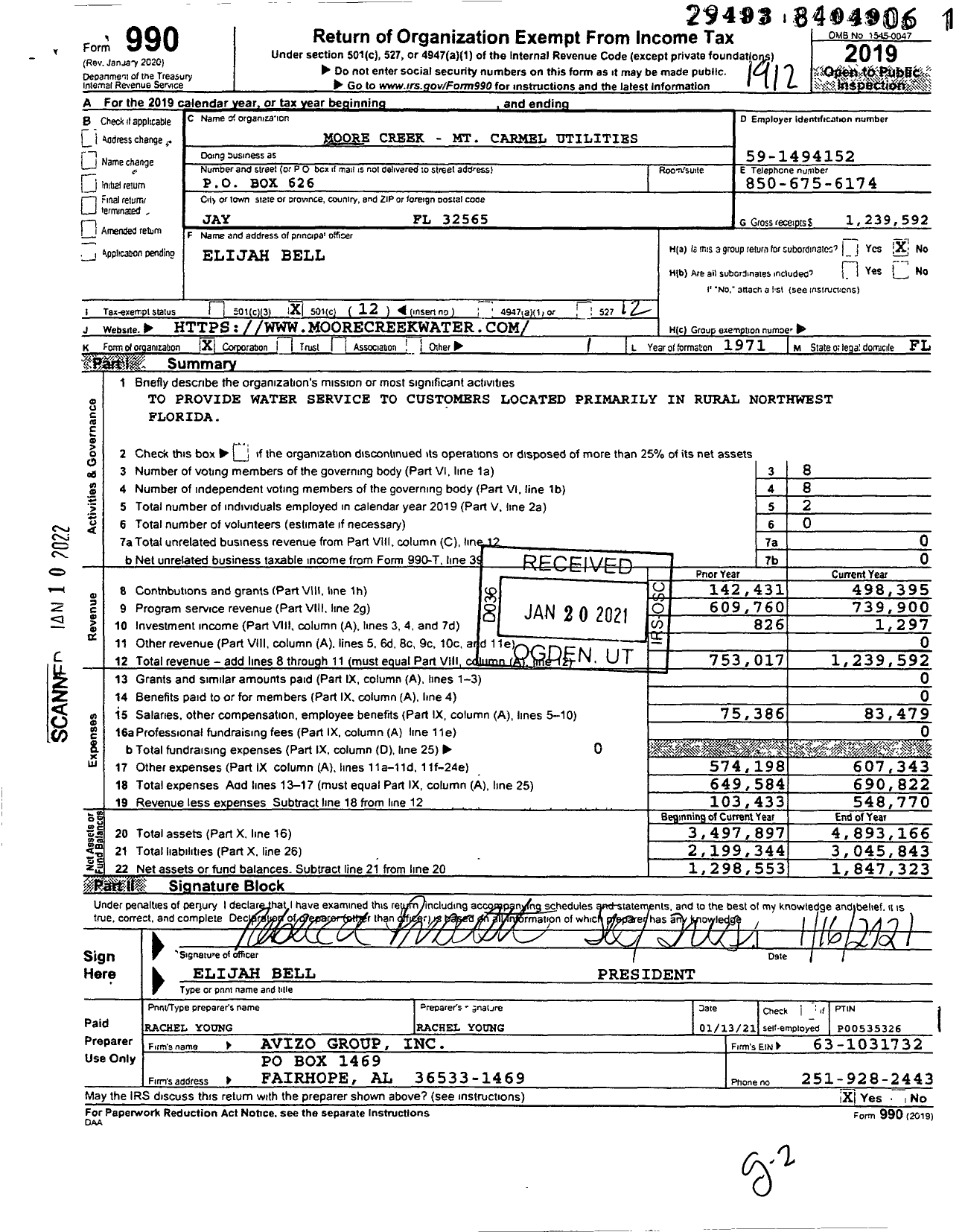 Image of first page of 2019 Form 990O for Moore Creek - MT Carmel Utilities