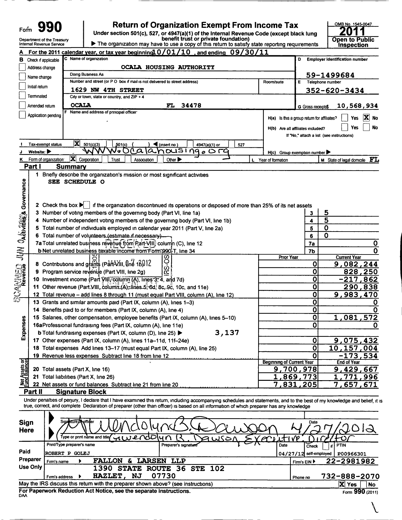 Image of first page of 2010 Form 990 for Ocala Housing Authority