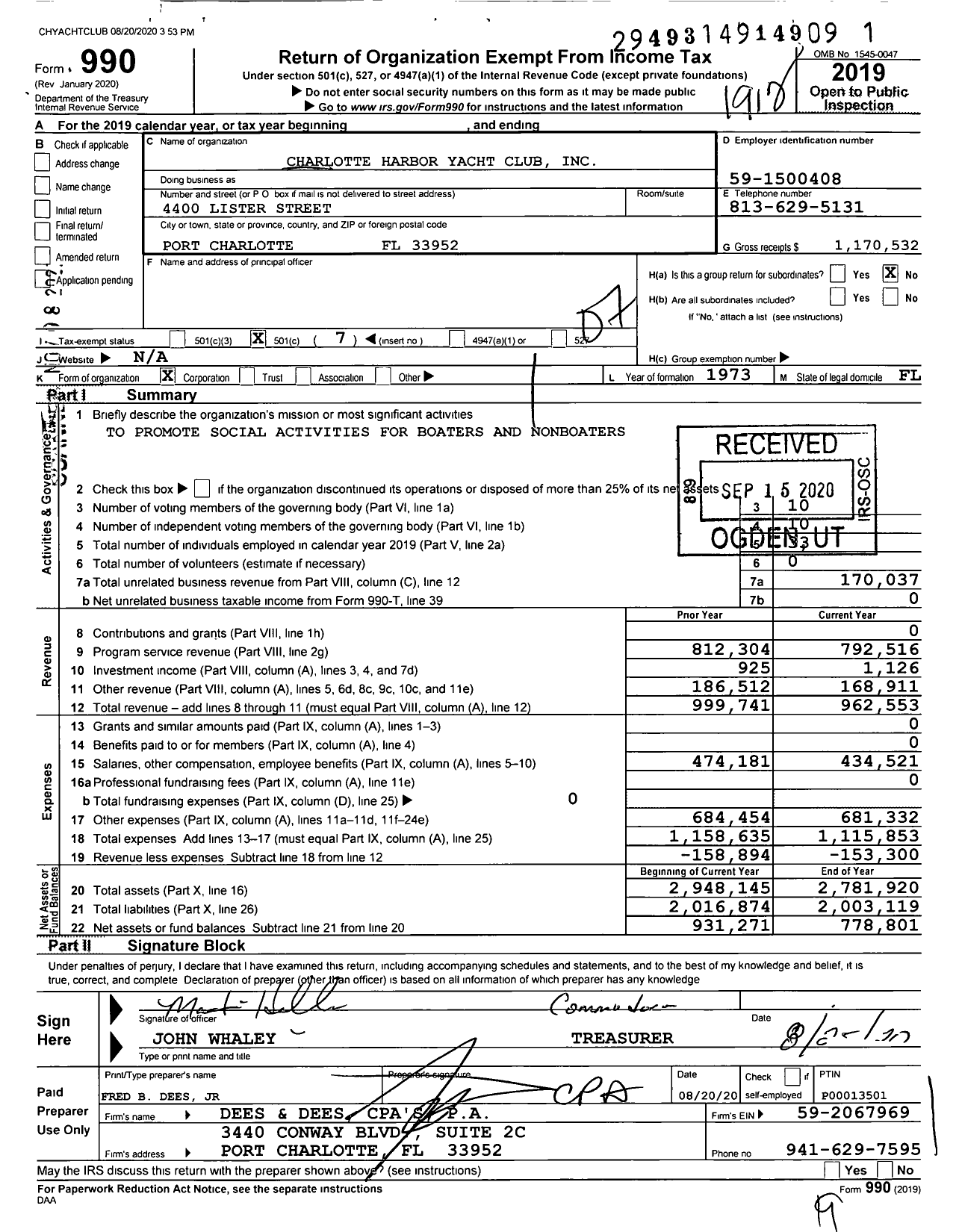 Image of first page of 2019 Form 990O for Charlotte Harbor Yacht Club