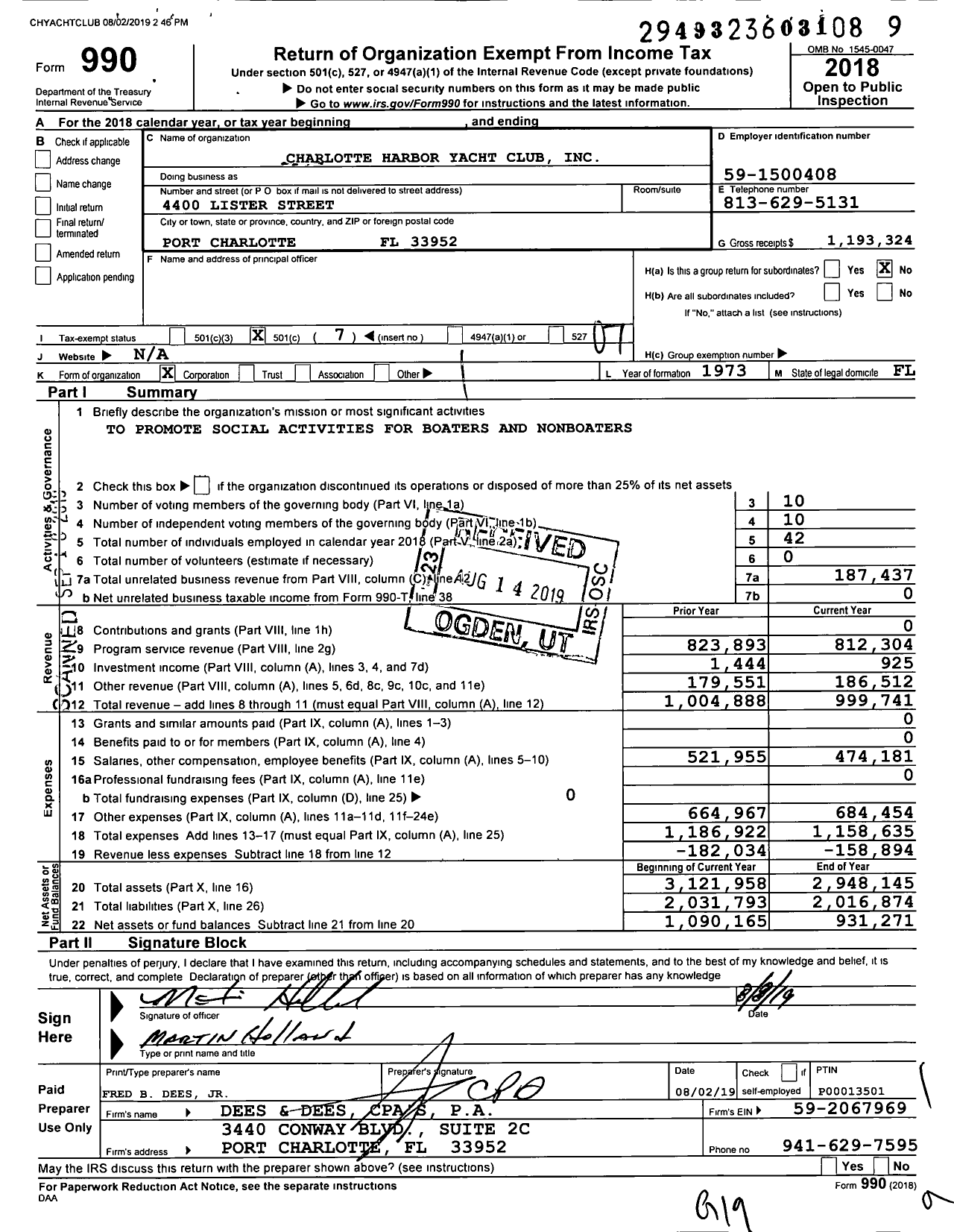 Image of first page of 2018 Form 990O for Charlotte Harbor Yacht Club