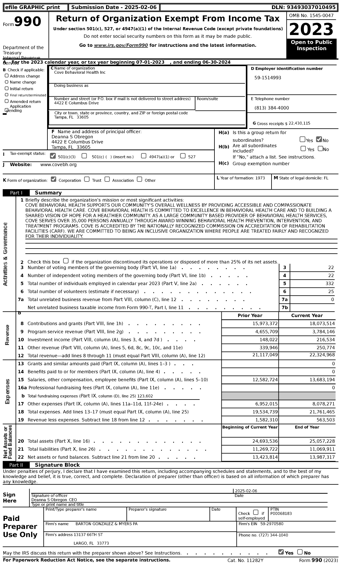 Image of first page of 2023 Form 990 for Cove Behavioral Health