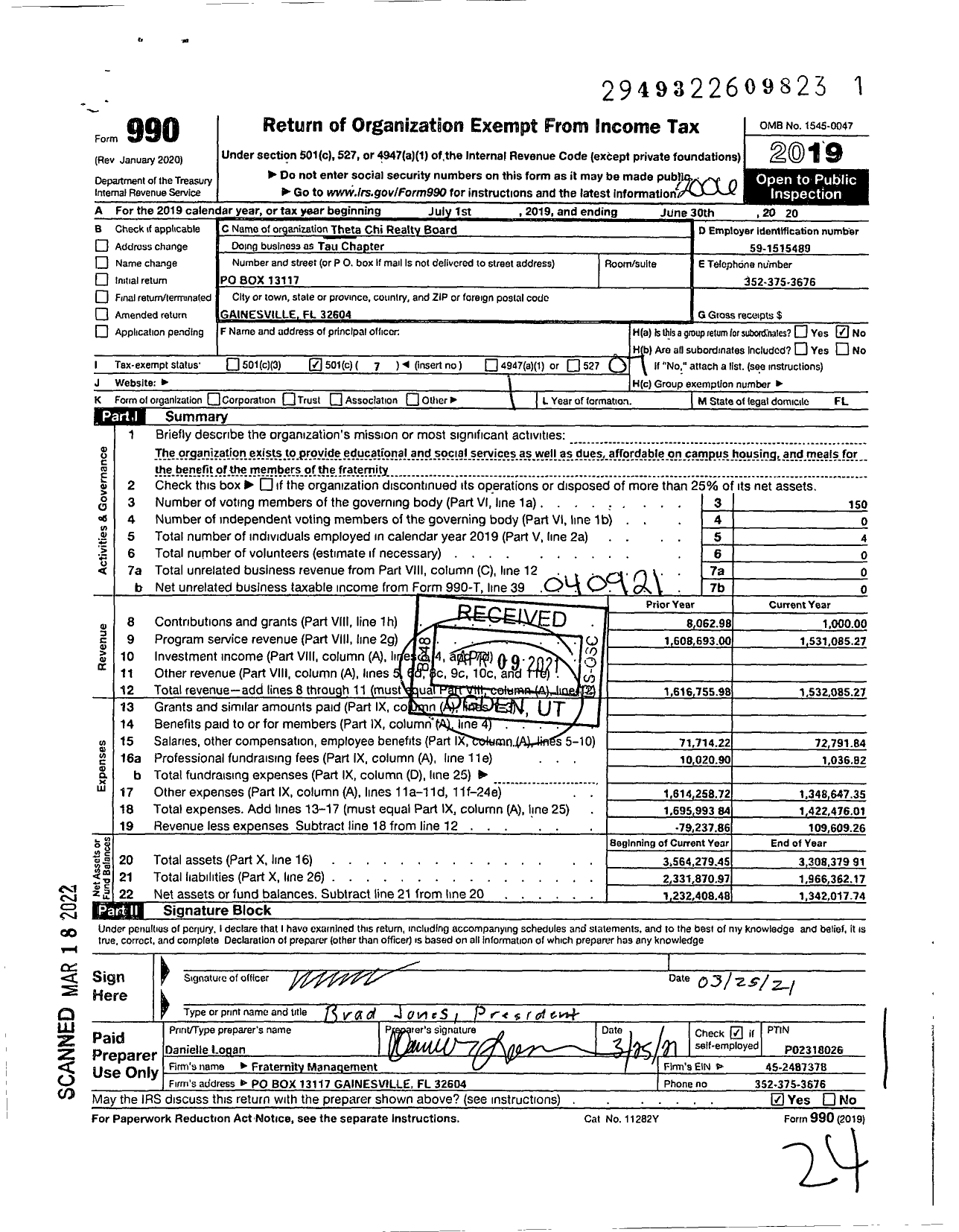 Image of first page of 2019 Form 990O for Tau Chapter / Theta Chi Fraternity Inc