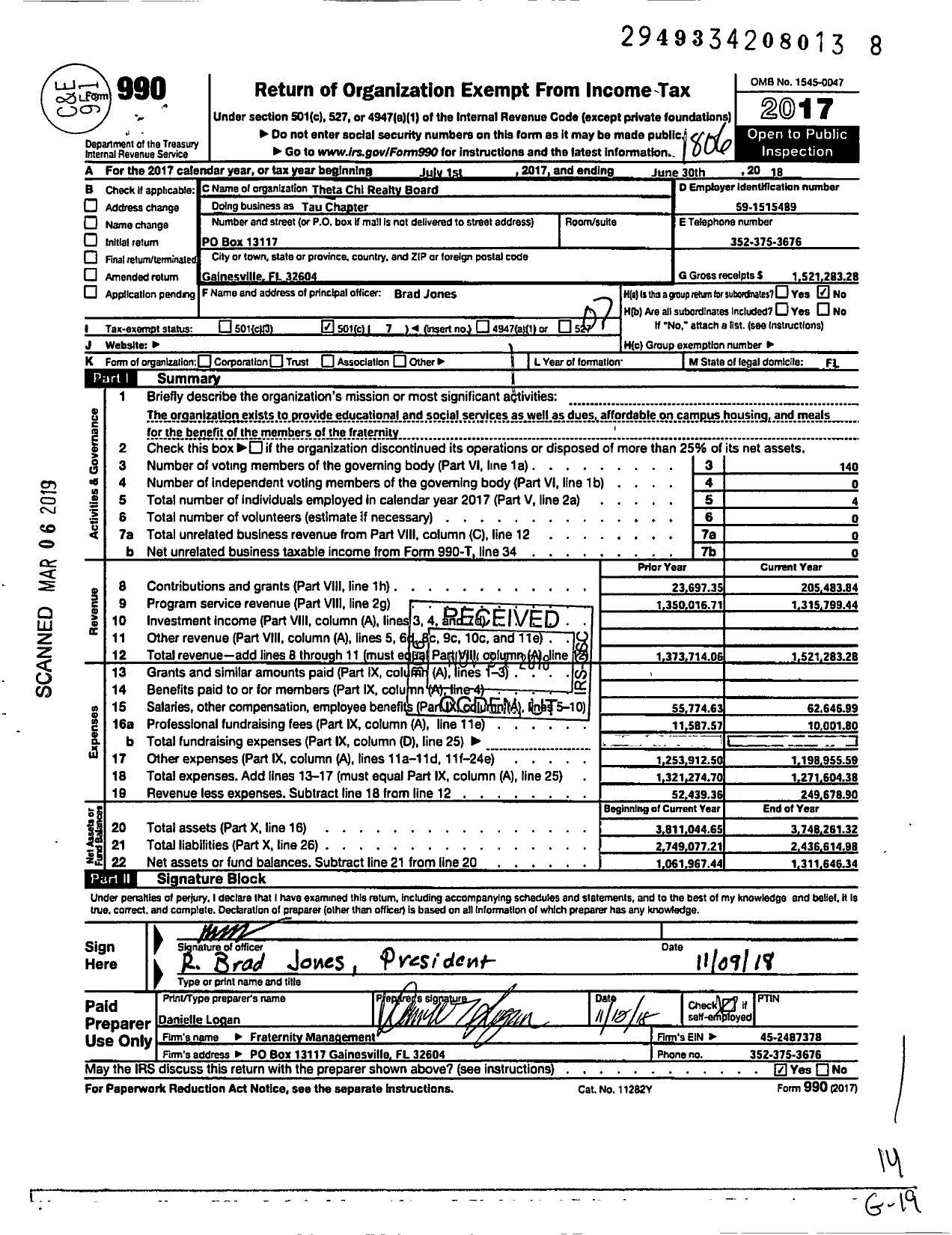 Image of first page of 2017 Form 990O for Tau Chapter / Theta Chi Fraternity Inc