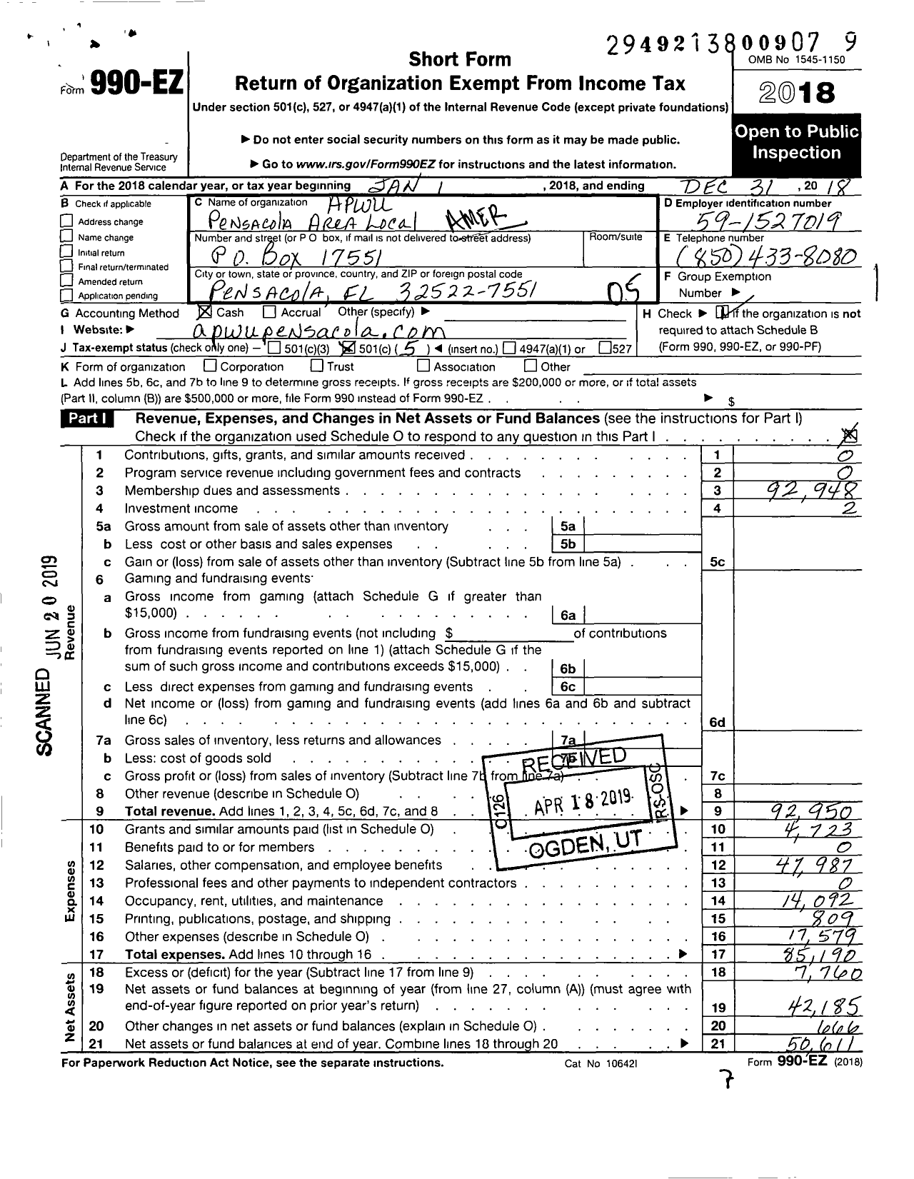 Image of first page of 2018 Form 990EO for American Postal Workers Union - 551 Pensacola Area Local