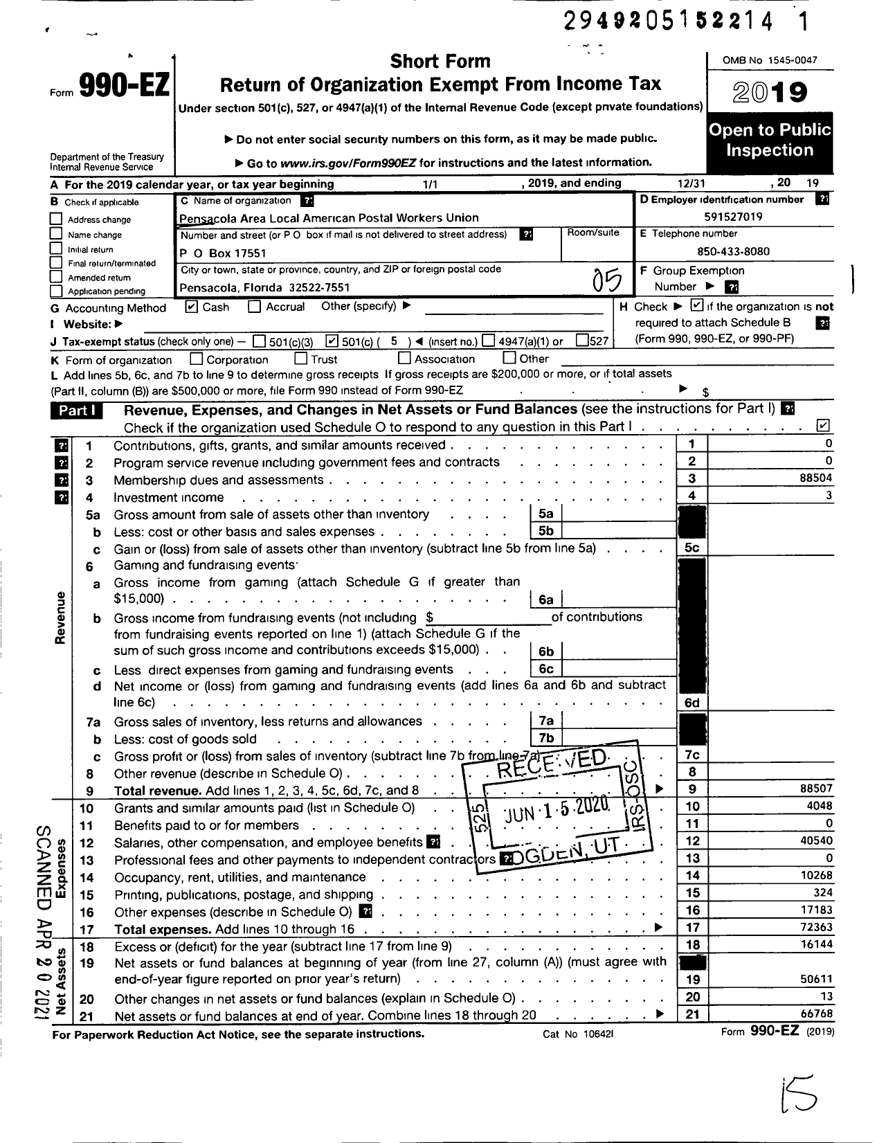 Image of first page of 2019 Form 990EO for American Postal Workers Union - 551 Pensacola Area Local