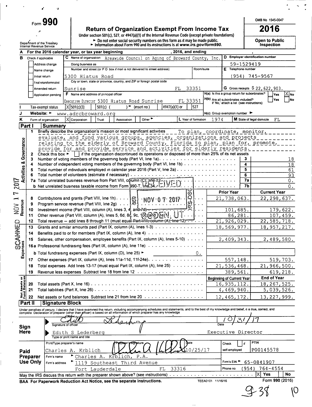 Image of first page of 2016 Form 990 for Aging and Disability Resource Center of Broward County (ADRC)